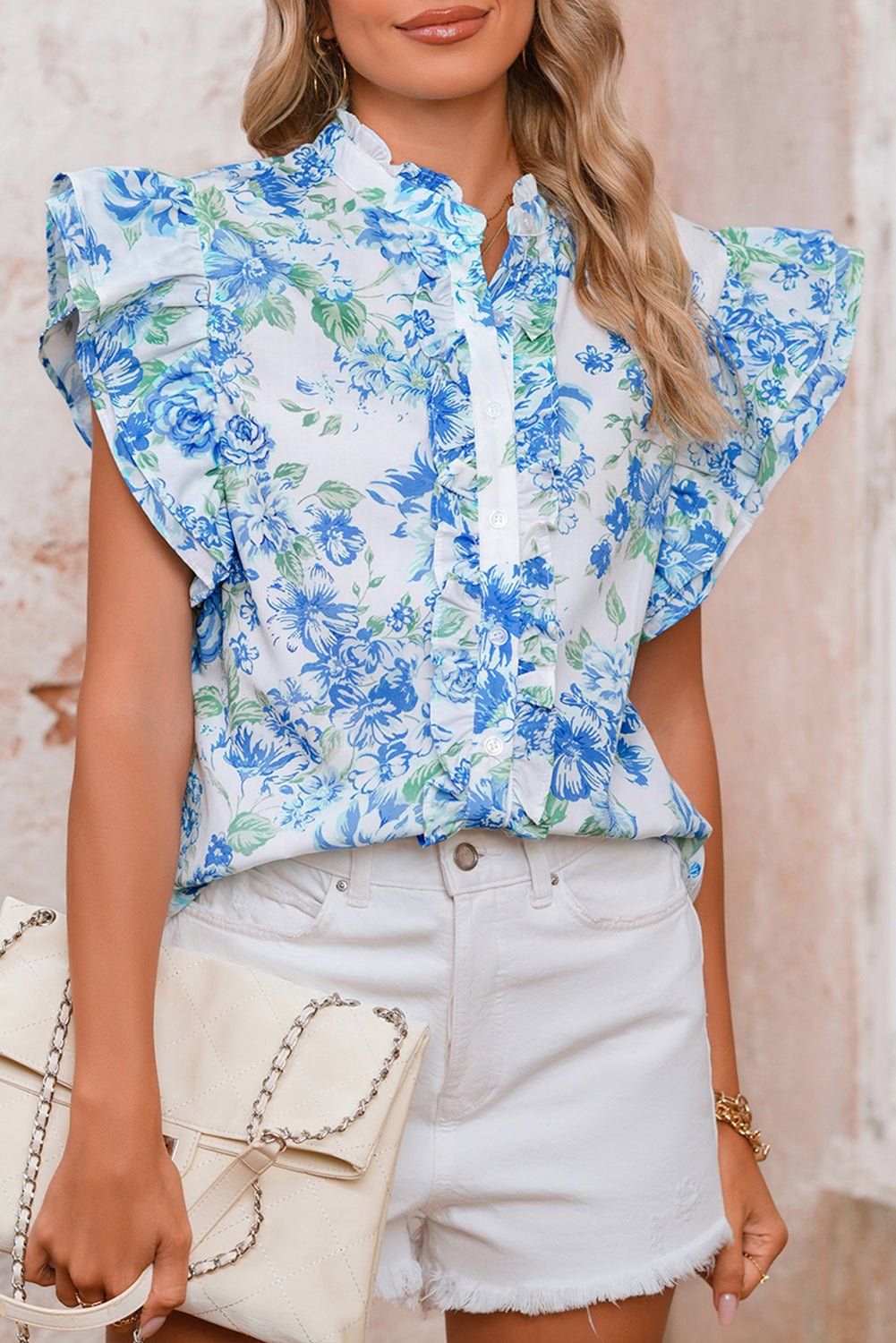 Sky Blue Floral Print Ruffle Sleeve Frill Shirt - MAD RUFFI