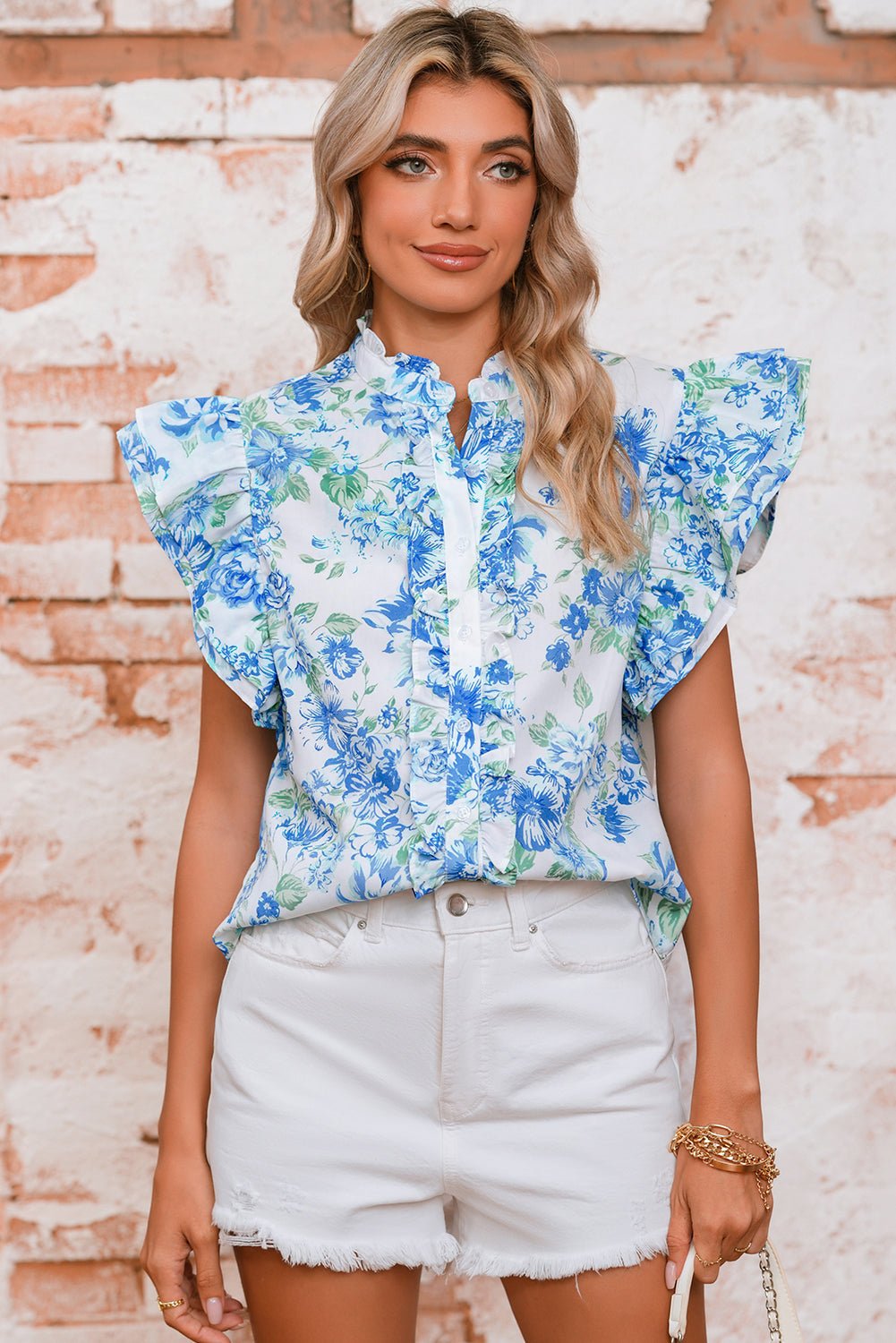 Sky Blue Floral Print Ruffle Sleeve Frill Shirt - MAD RUFFI