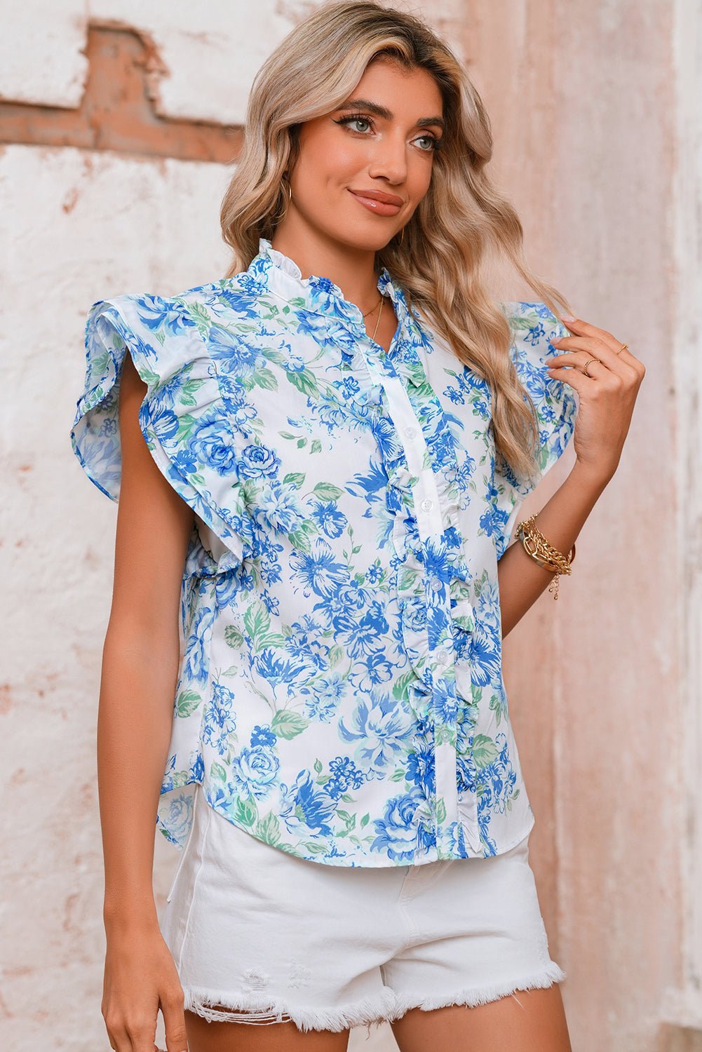 Sky Blue Floral Print Ruffle Sleeve Frill Shirt - MAD RUFFI