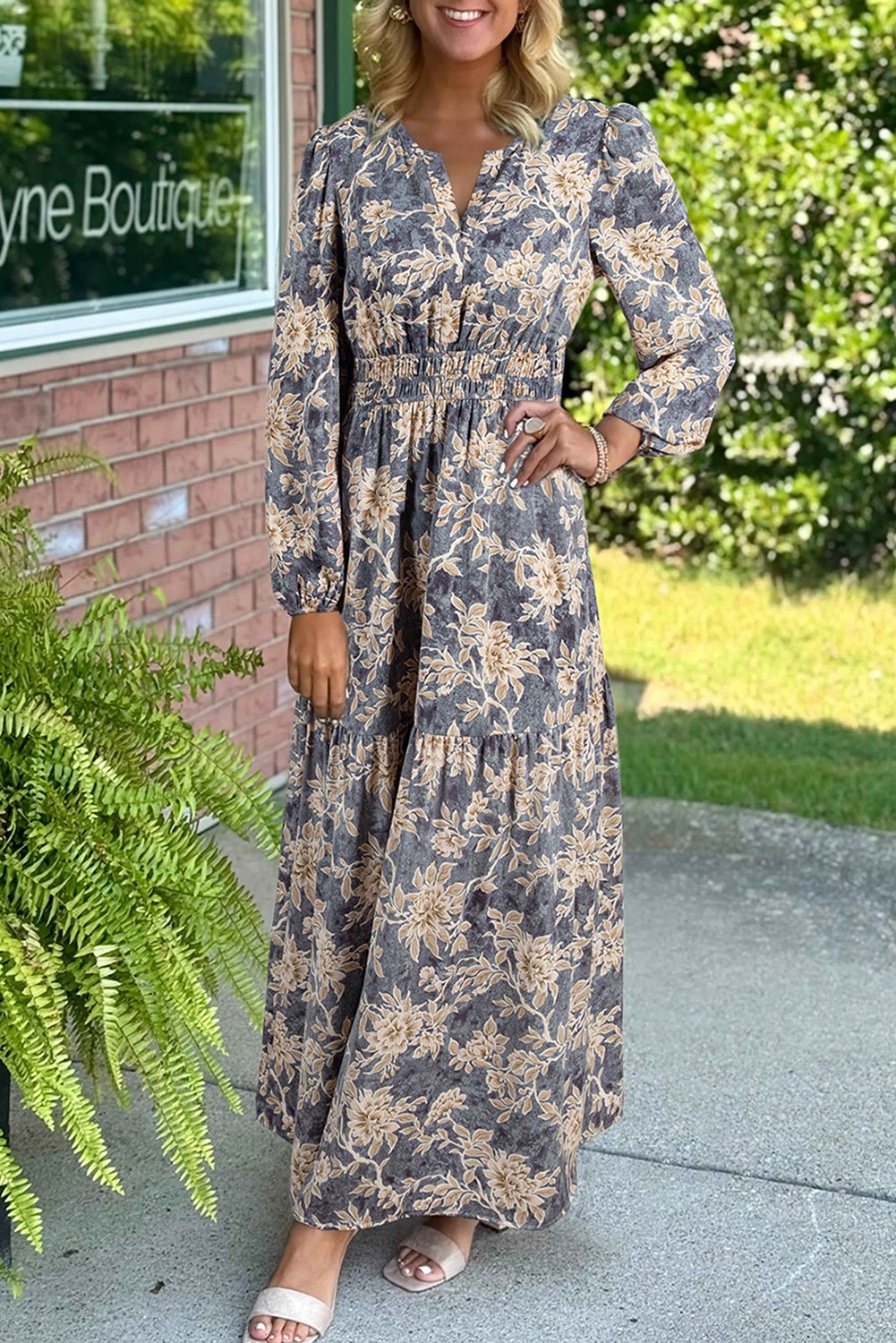 Sky Blue Floral Print Smocked High Waist Long Sleeve Maxi Dress - MAD RUFFI