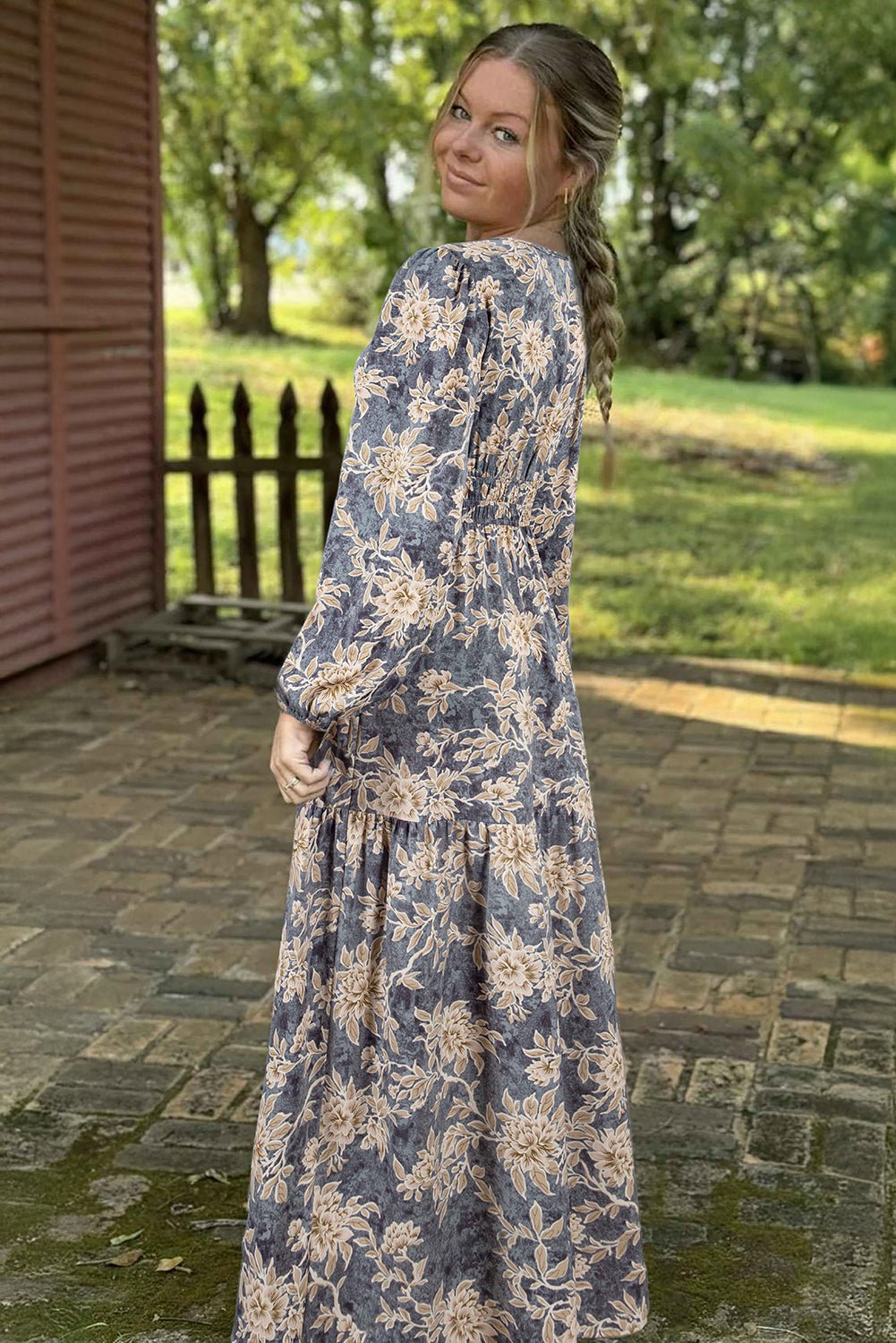 Sky Blue Floral Print Smocked High Waist Long Sleeve Maxi Dress - MAD RUFFI
