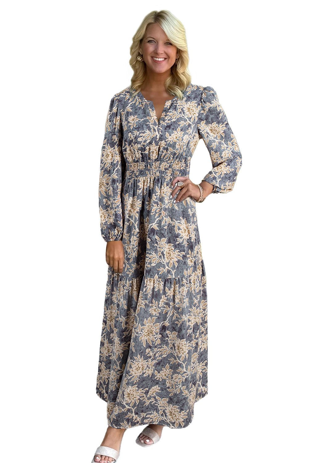 Sky Blue Floral Print Smocked High Waist Long Sleeve Maxi Dress - MAD RUFFI