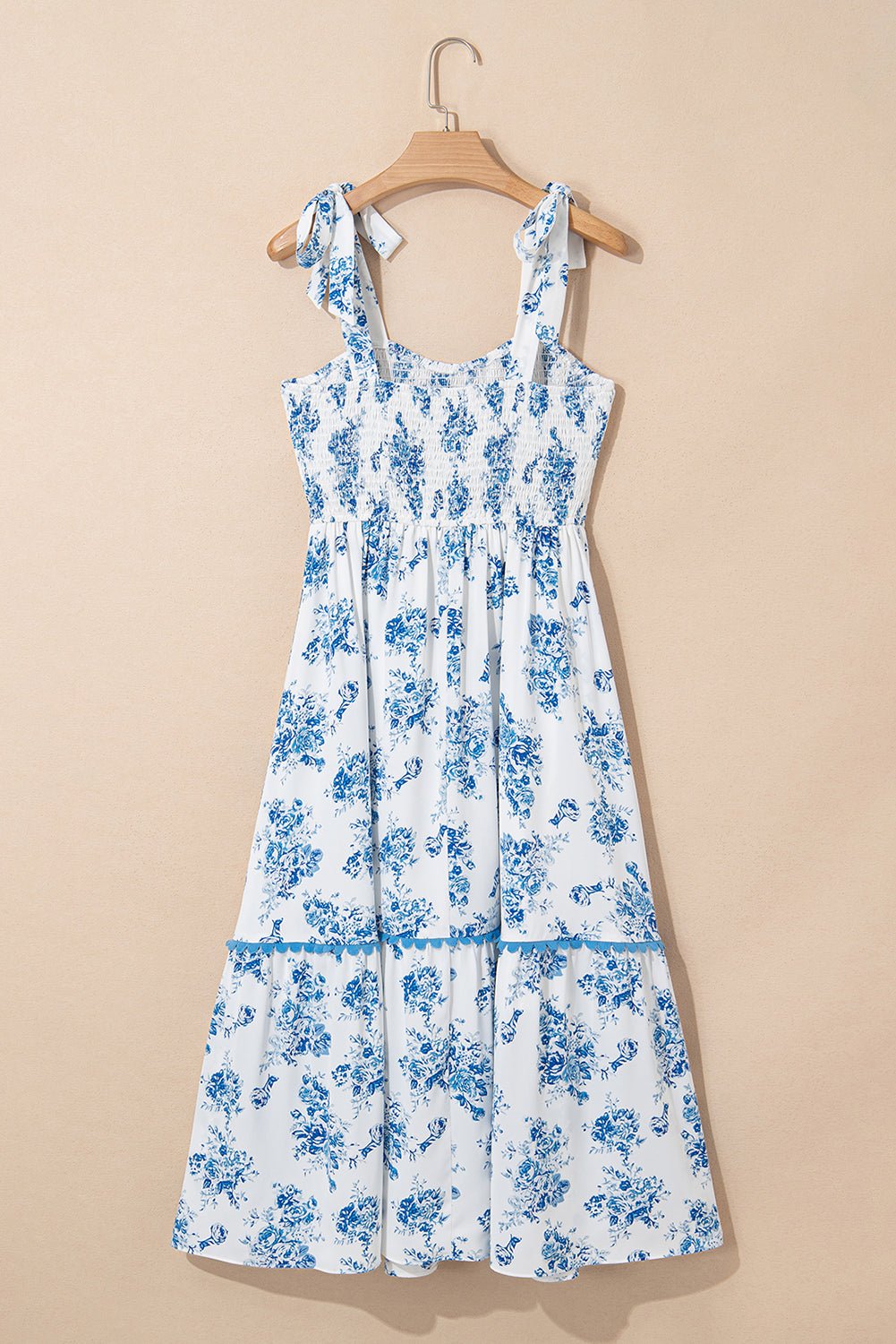 Sky Blue Floral Print Smocked Knot Shoulder Sleeveless Midi Dress - MAD RUFFI