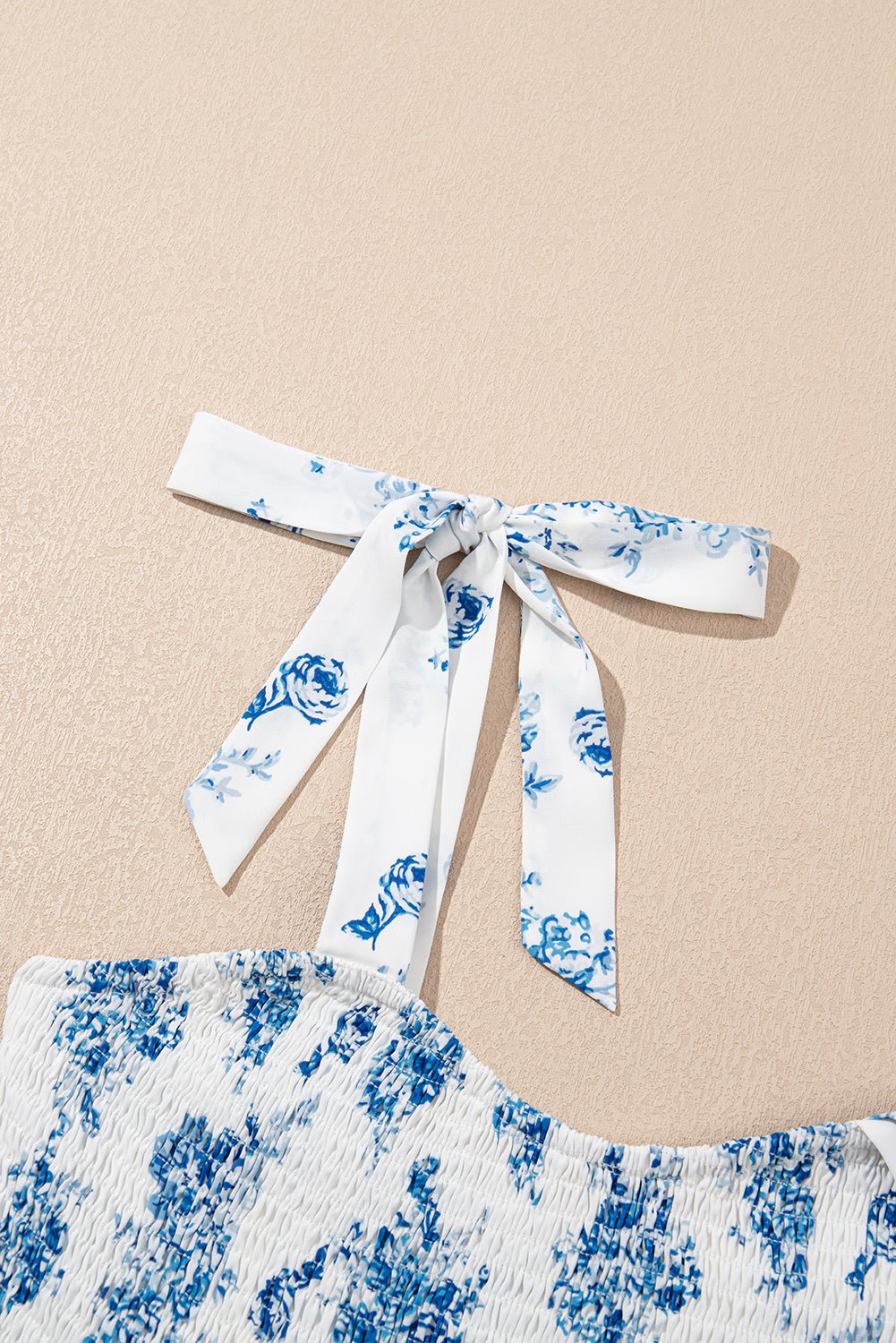 Sky Blue Floral Print Smocked Knot Shoulder Sleeveless Midi Dress - MAD RUFFI