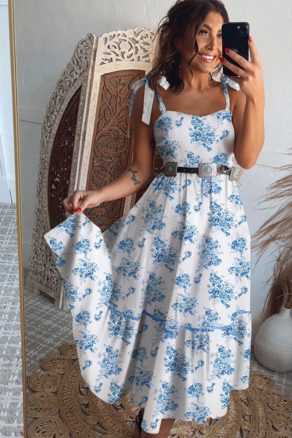 Sky Blue Floral Print Smocked Knot Shoulder Sleeveless Midi Dress - MAD RUFFI