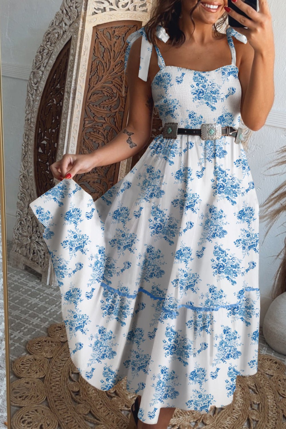 Sky Blue Floral Print Smocked Knot Shoulder Sleeveless Midi Dress - MAD RUFFI