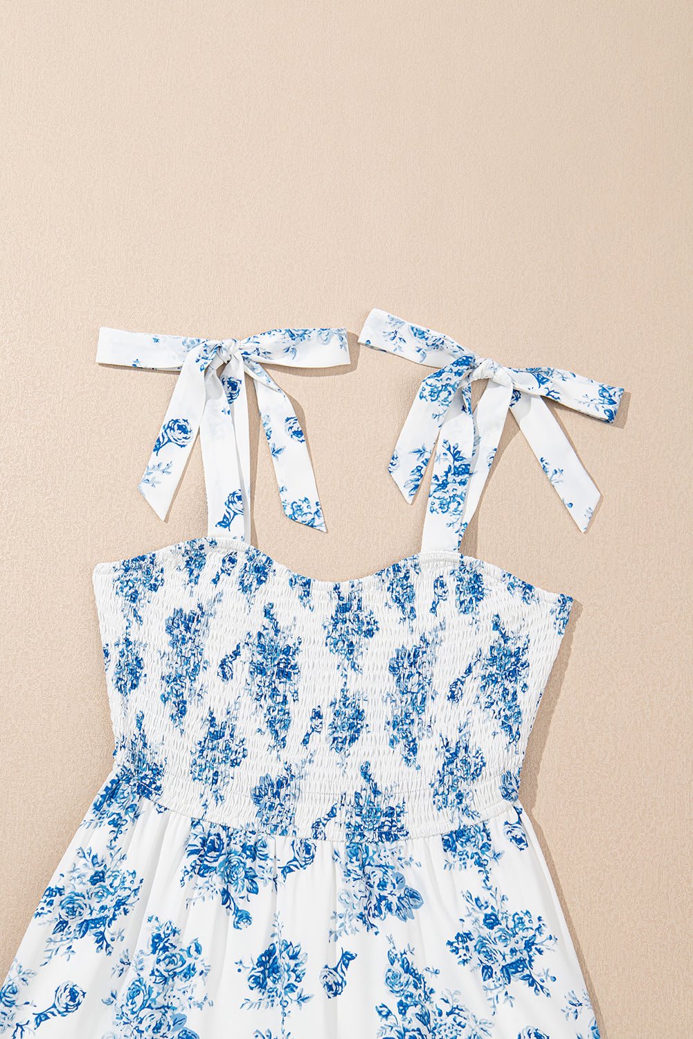 Sky Blue Floral Print Smocked Knot Shoulder Sleeveless Midi Dress - MAD RUFFI