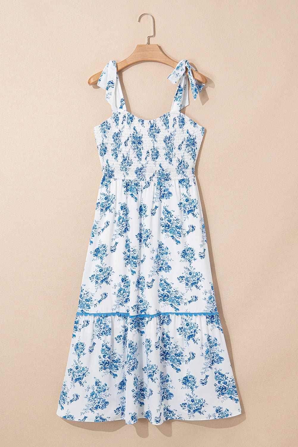 Sky Blue Floral Print Smocked Knot Shoulder Sleeveless Midi Dress - MAD RUFFI