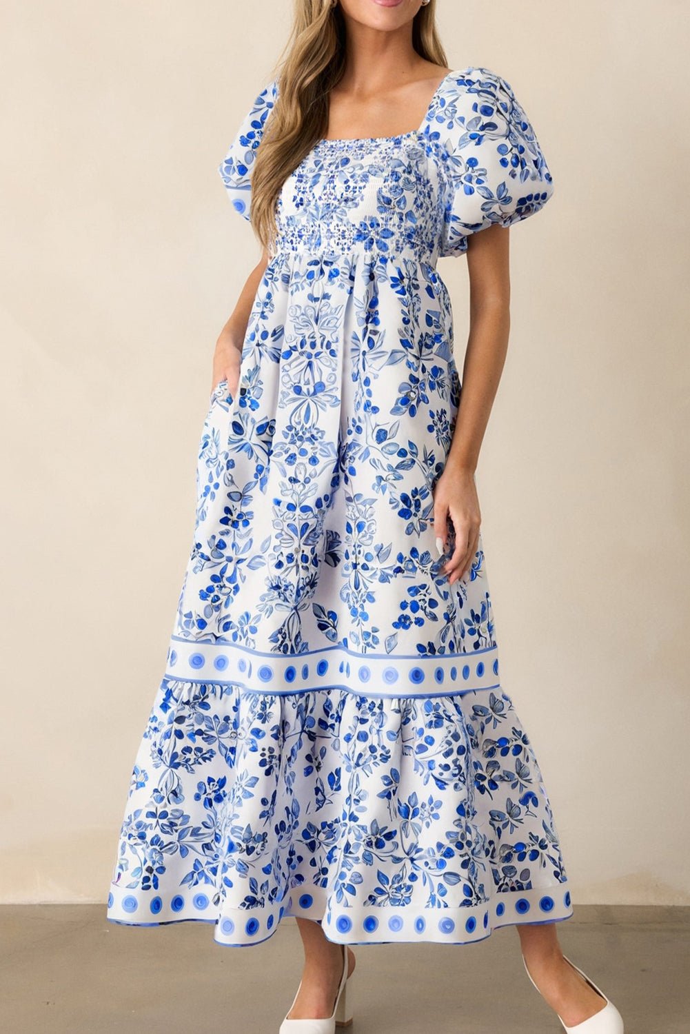 Sky Blue Floral Print Square Neck Bubble Sleeve High Waist Maxi Dress - MAD RUFFI