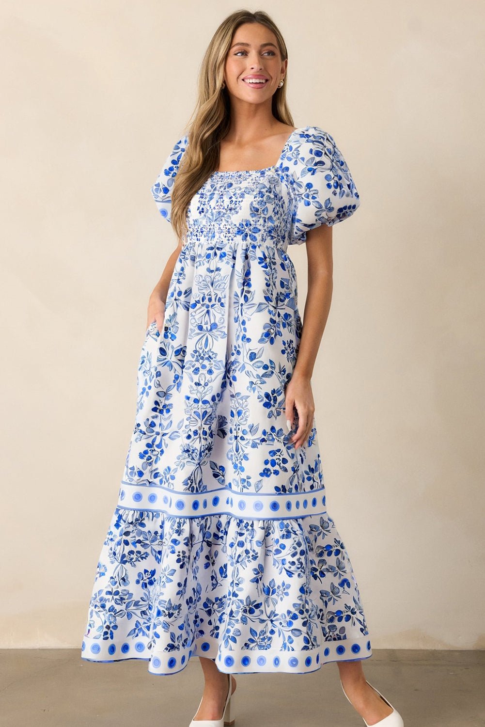 Sky Blue Floral Print Square Neck Bubble Sleeve High Waist Maxi Dress - MAD RUFFI