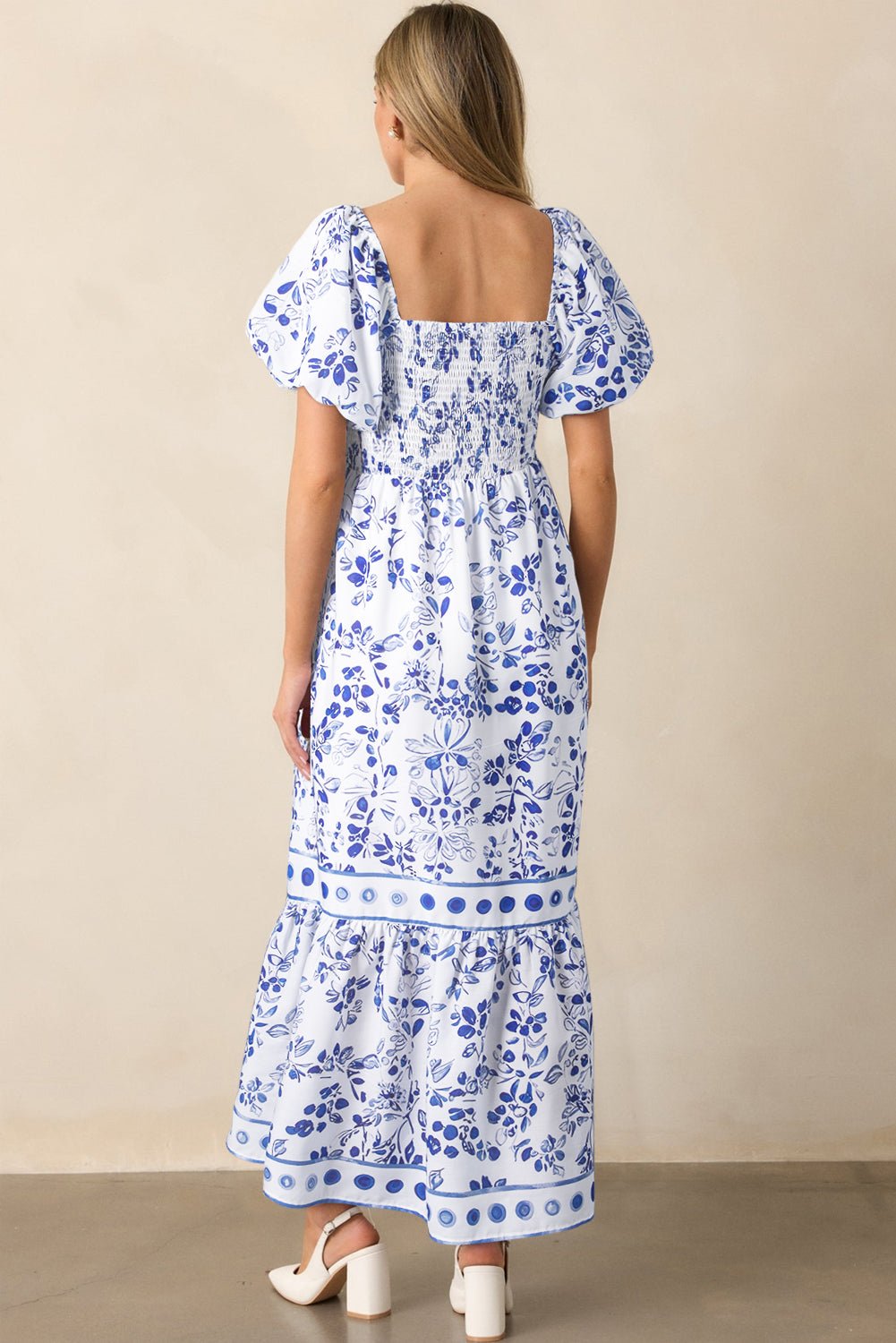 Sky Blue Floral Print Square Neck Bubble Sleeve High Waist Maxi Dress - MAD RUFFI