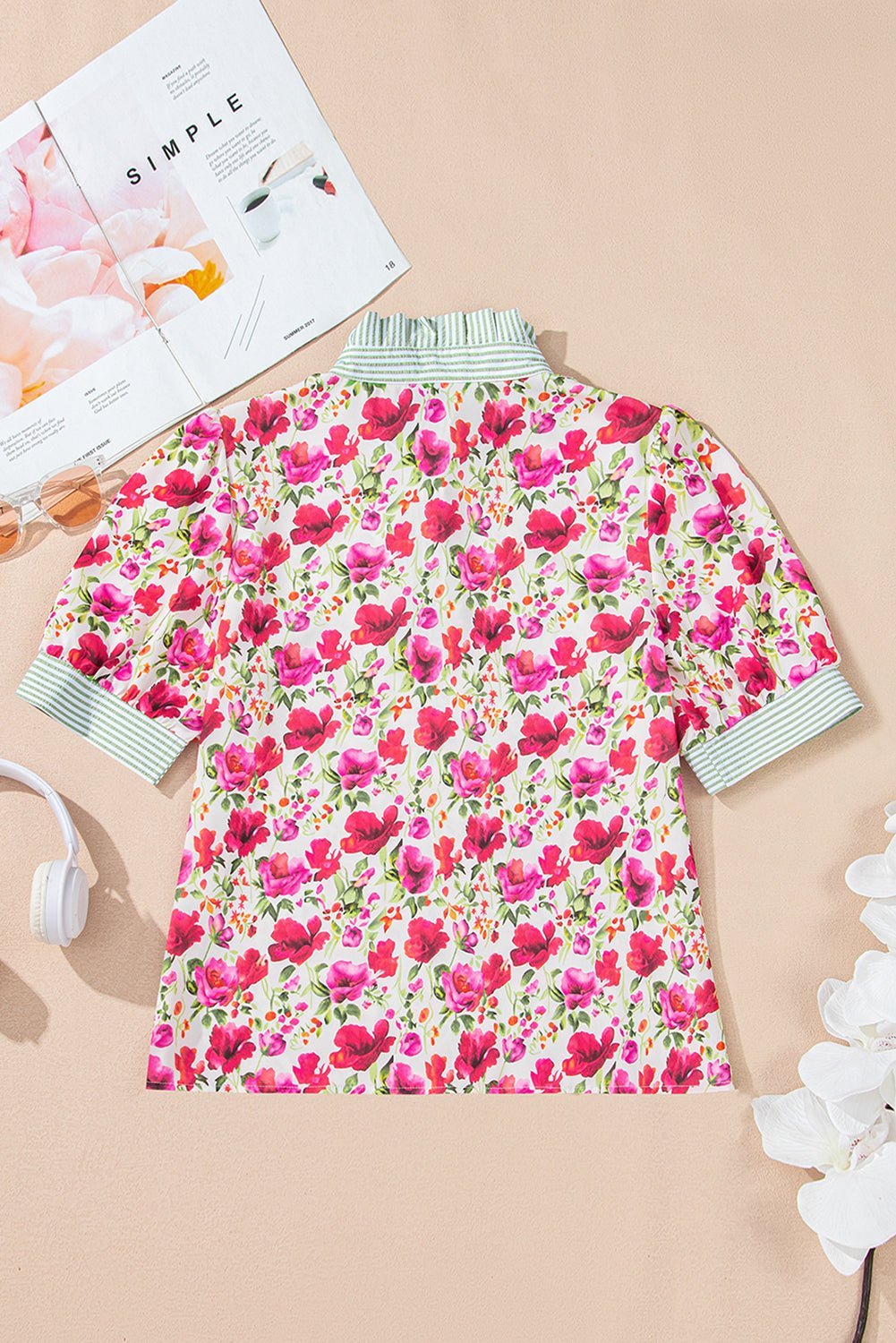 Sky Blue Floral Print Striped Patchwork Collared Blouse - MAD RUFFI