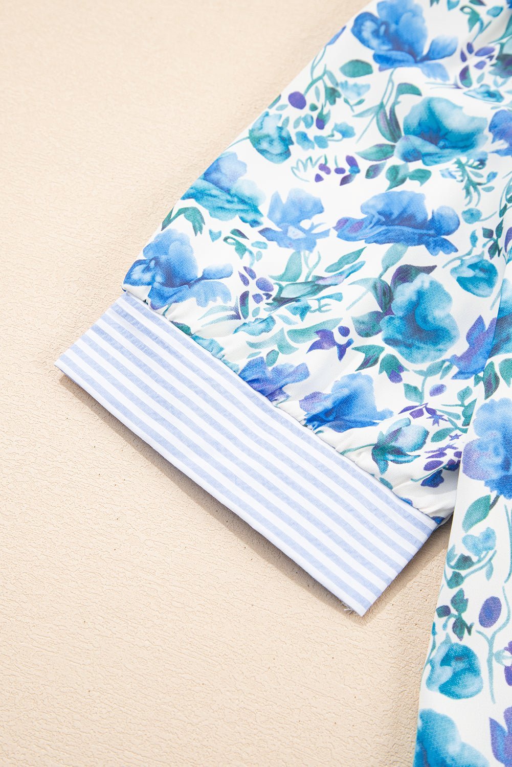 Sky Blue Floral Print Striped Patchwork Collared Blouse - MAD RUFFI