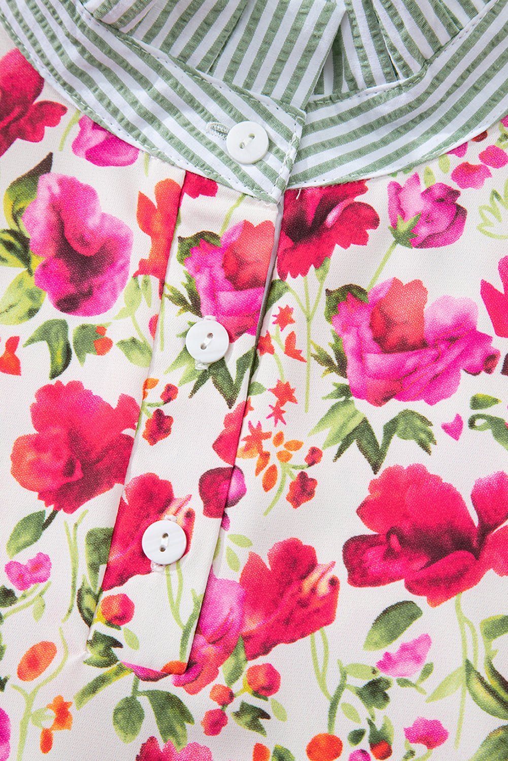 Sky Blue Floral Print Striped Patchwork Collared Blouse - MAD RUFFI