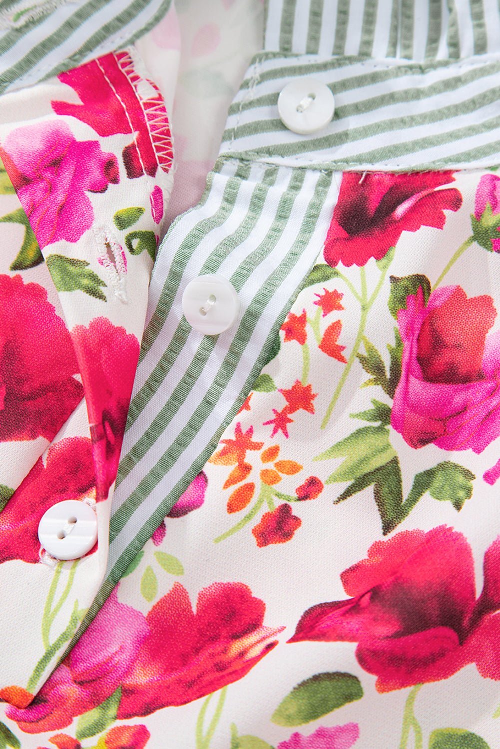 Sky Blue Floral Print Striped Patchwork Collared Blouse - MAD RUFFI