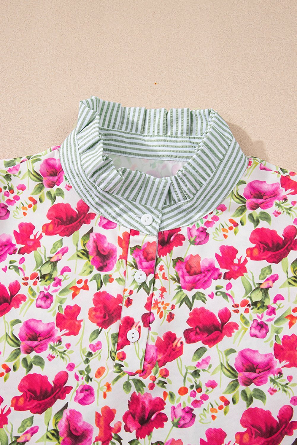 Sky Blue Floral Print Striped Patchwork Collared Blouse - MAD RUFFI