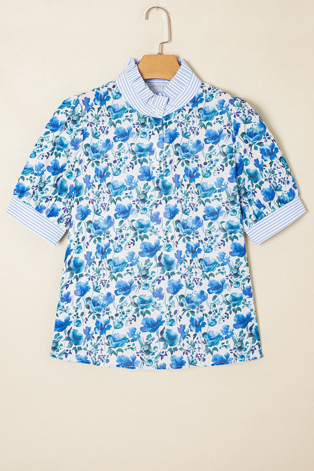 Sky Blue Floral Print Striped Patchwork Collared Blouse - MAD RUFFI