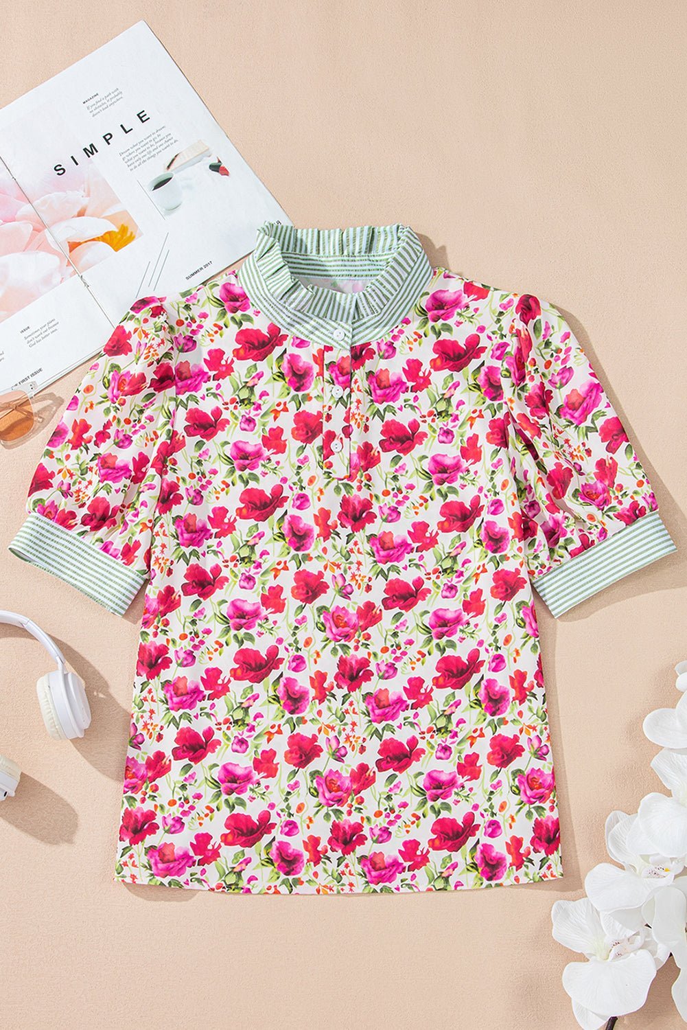 Sky Blue Floral Print Striped Patchwork Collared Blouse - MAD RUFFI