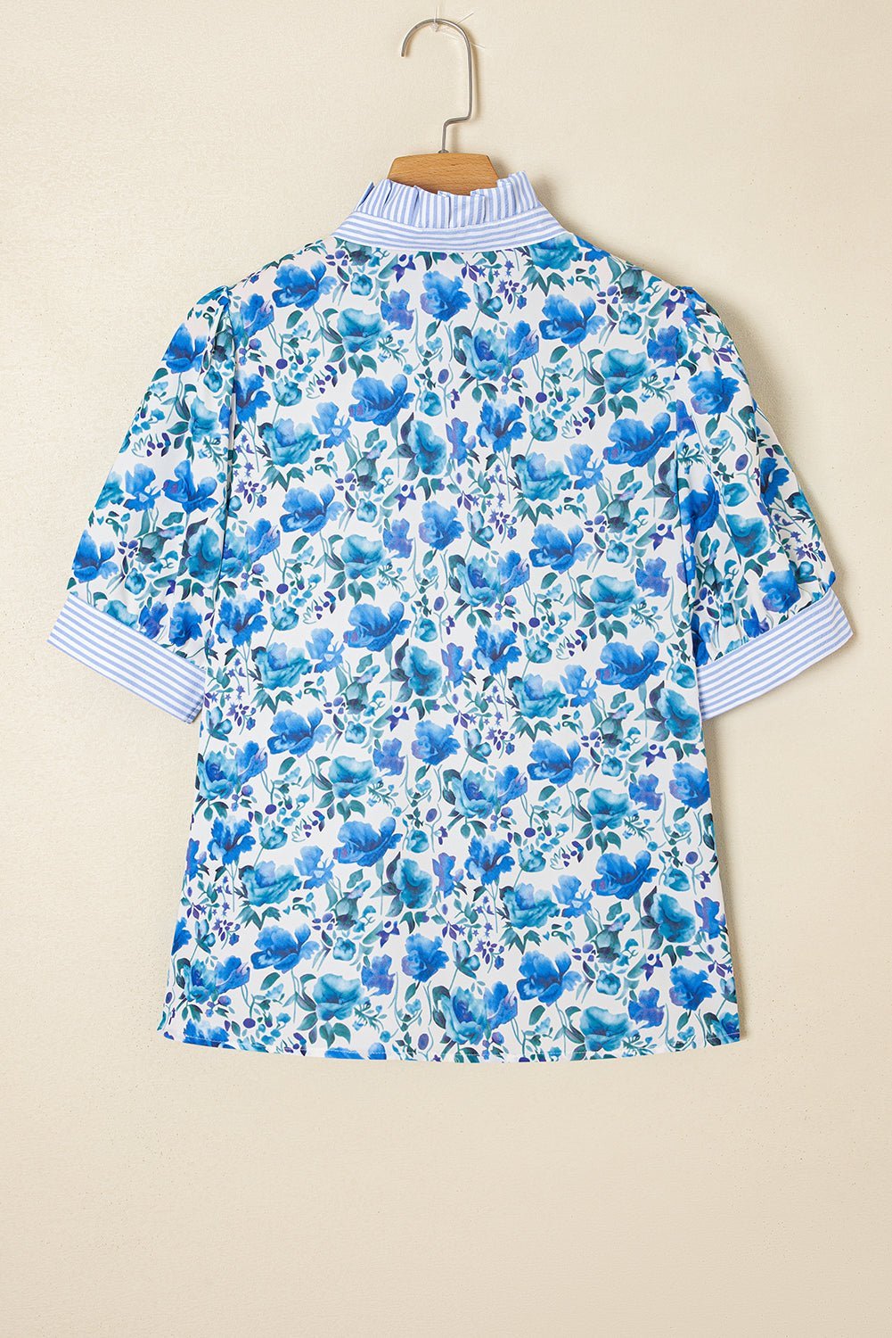 Sky Blue Floral Print Striped Patchwork Collared Blouse - MAD RUFFI