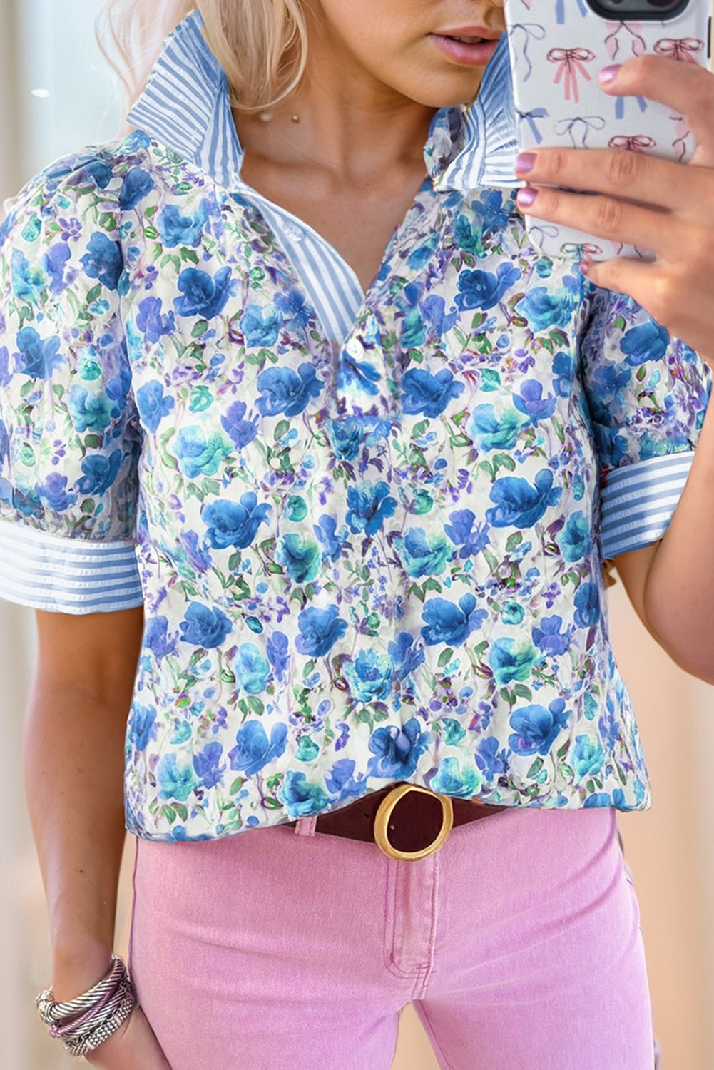 Sky Blue Floral Print Striped Patchwork Collared Blouse - MAD RUFFI