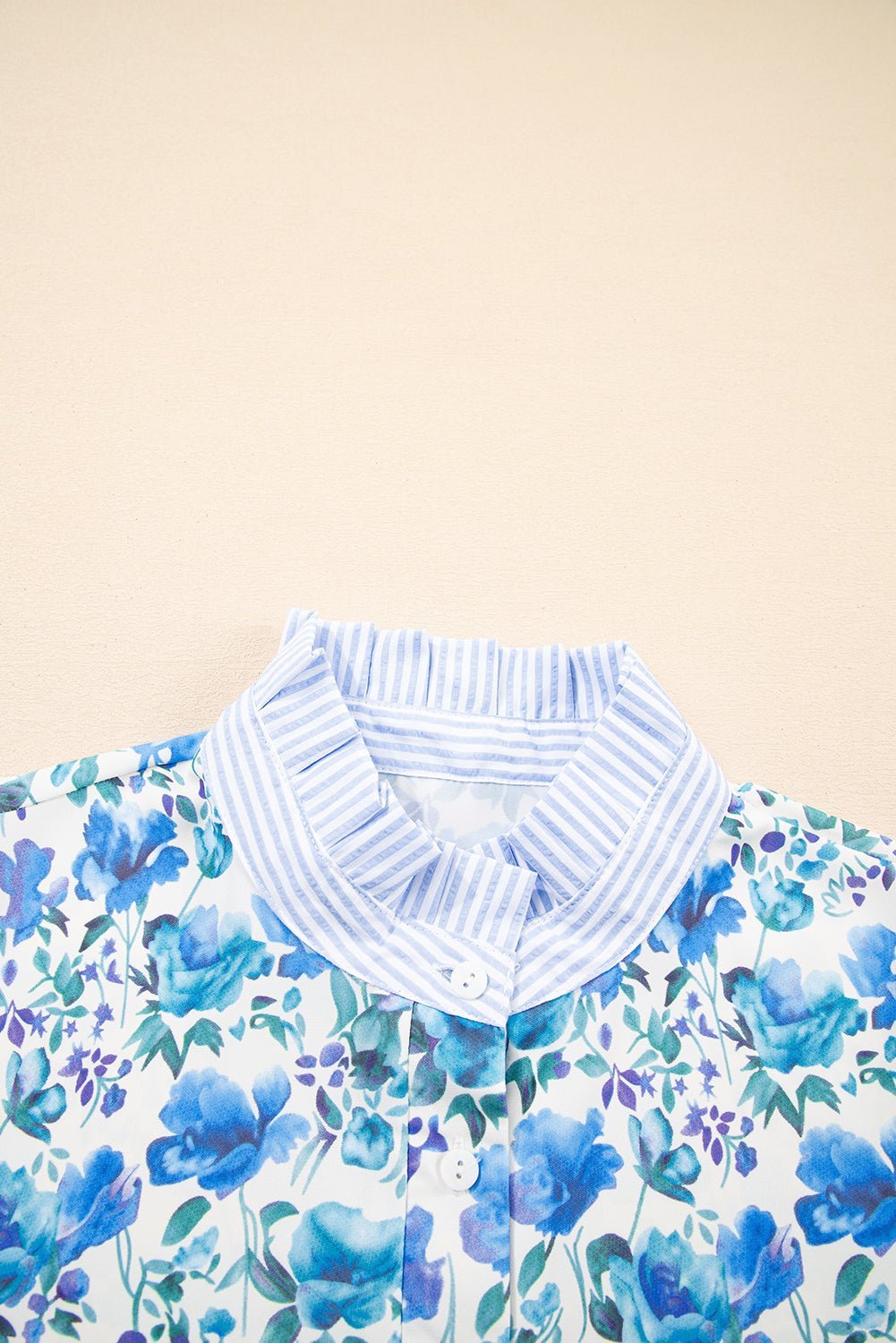 Sky Blue Floral Print Striped Patchwork Collared Blouse - MAD RUFFI