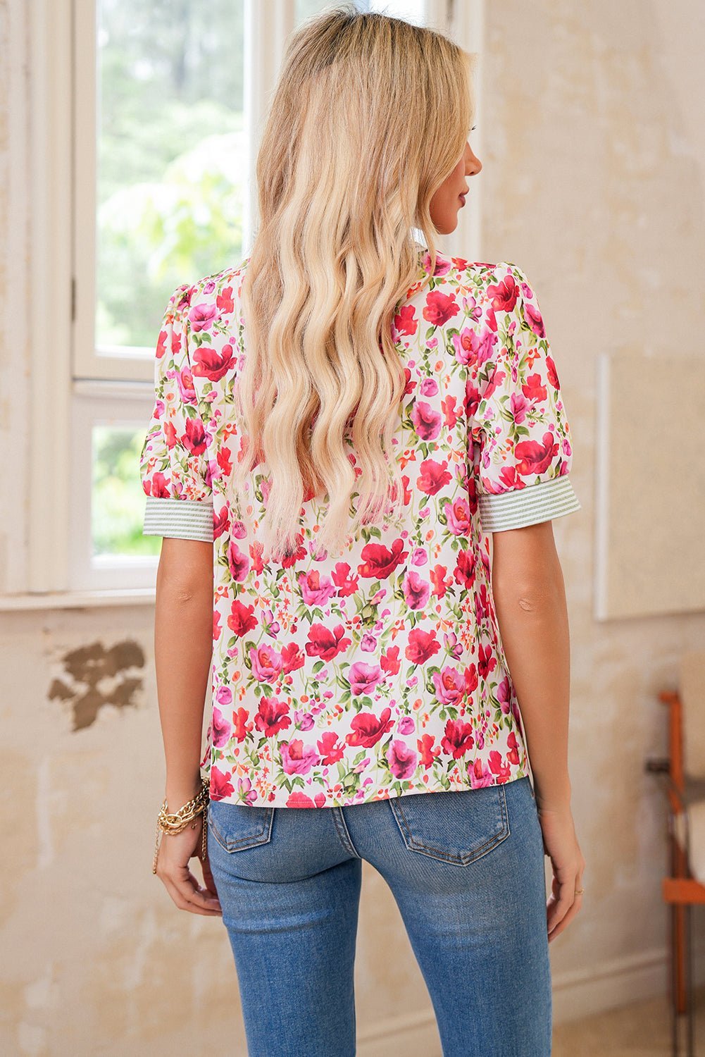 Sky Blue Floral Print Striped Patchwork Collared Blouse - MAD RUFFI