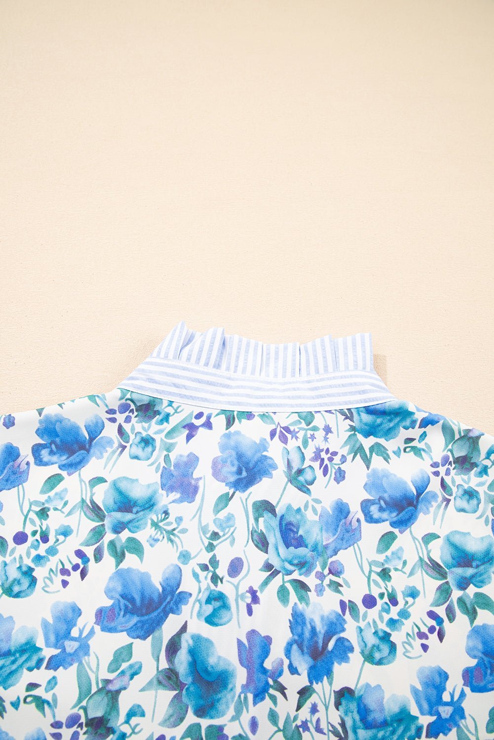 Sky Blue Floral Print Striped Patchwork Collared Blouse - MAD RUFFI