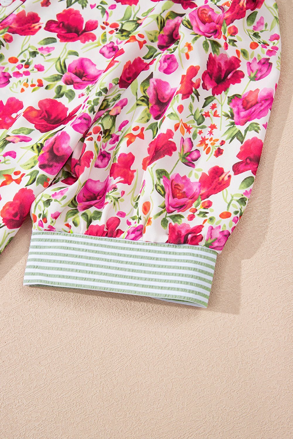 Sky Blue Floral Print Striped Patchwork Collared Blouse - MAD RUFFI