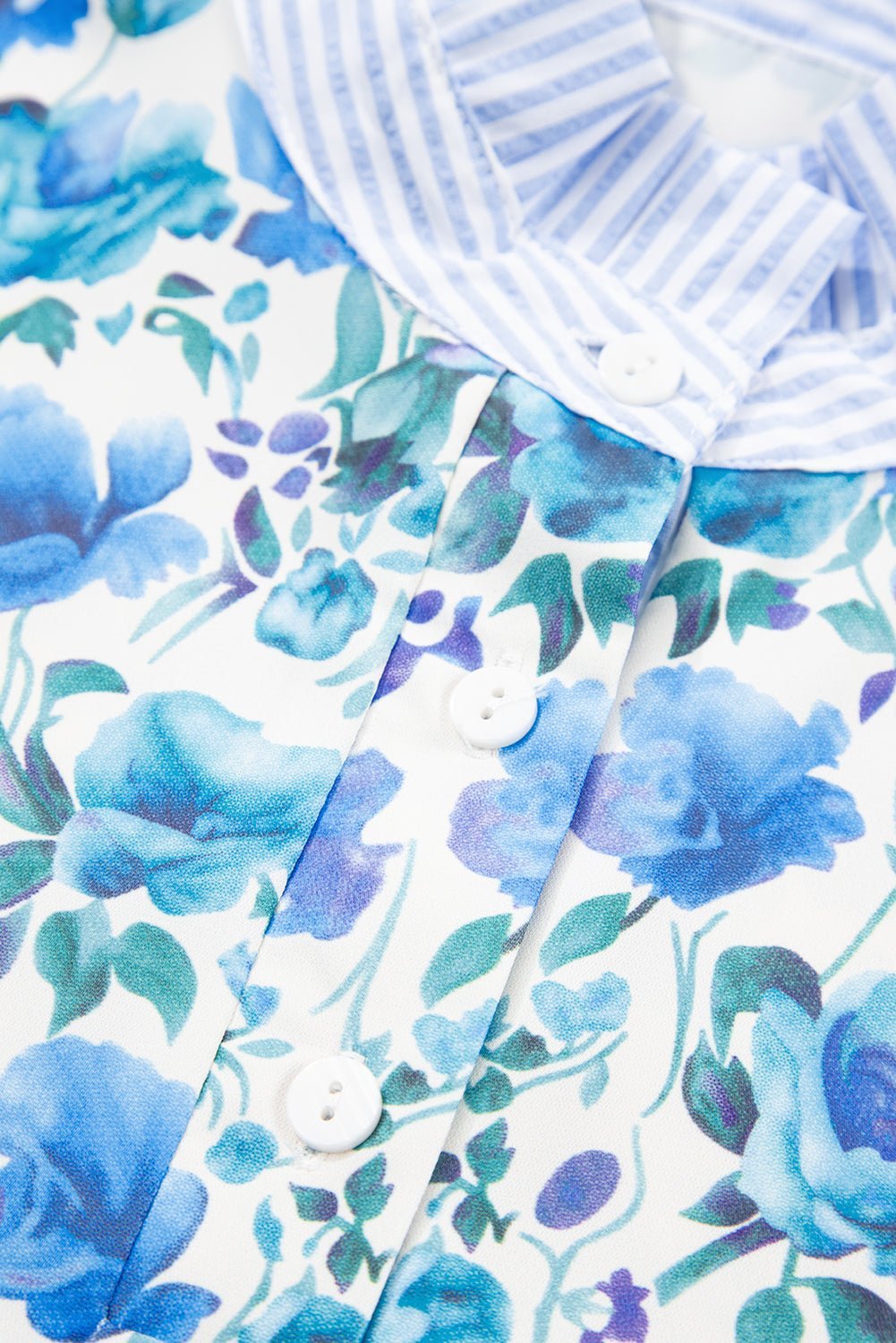Sky Blue Floral Print Striped Patchwork Collared Blouse - MAD RUFFI
