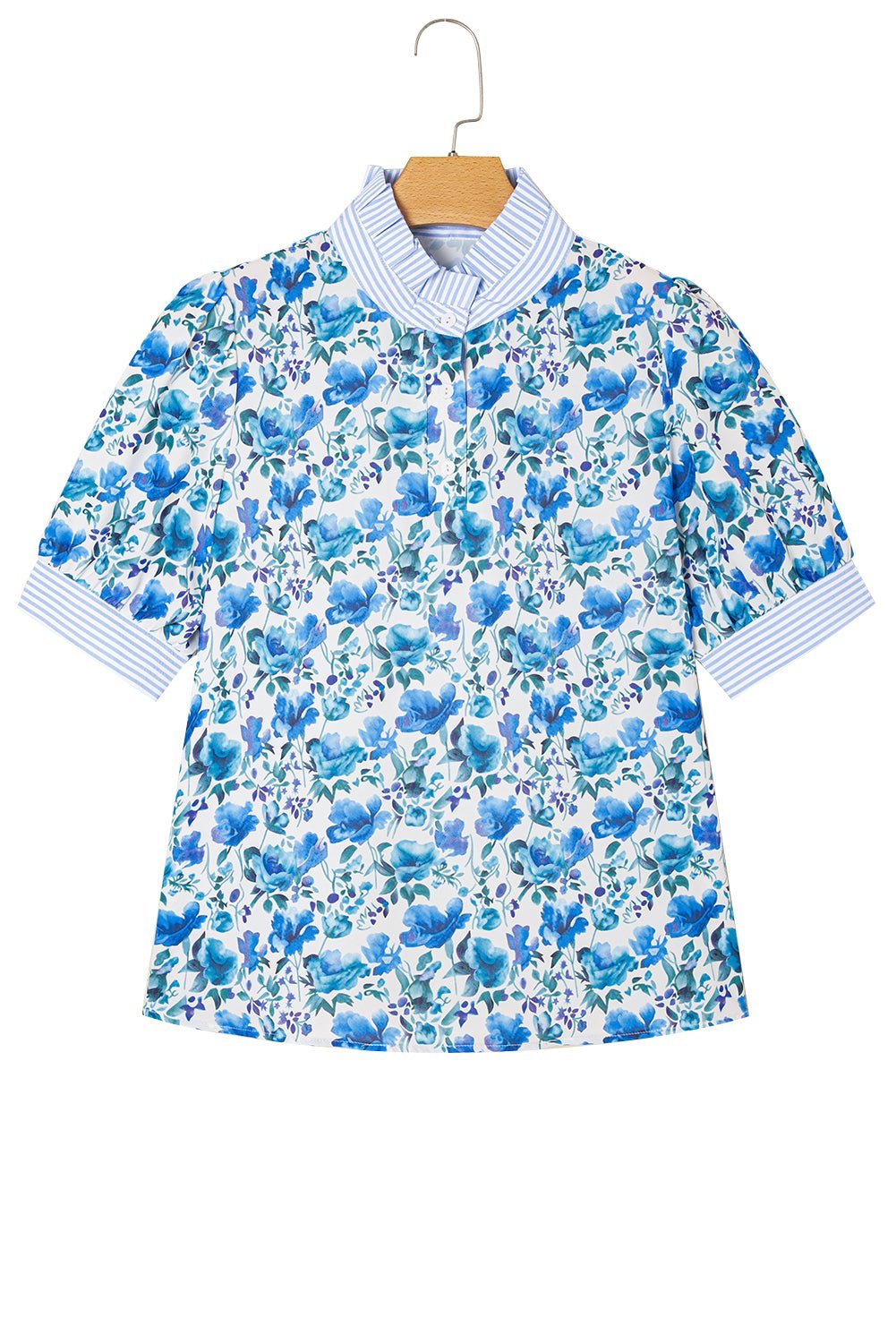 Sky Blue Floral Print Striped Patchwork Collared Blouse - MAD RUFFI