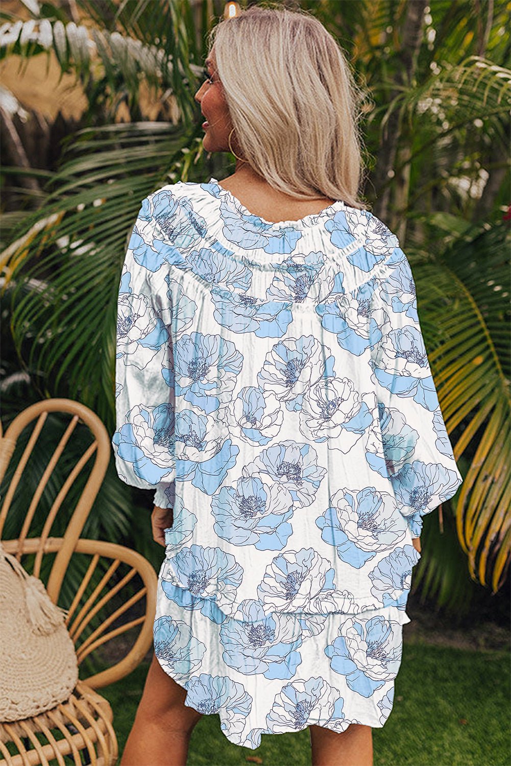 Sky Blue Floral Print Tie Neck Long Sleeve Flowy Mini Dress - MAD RUFFI