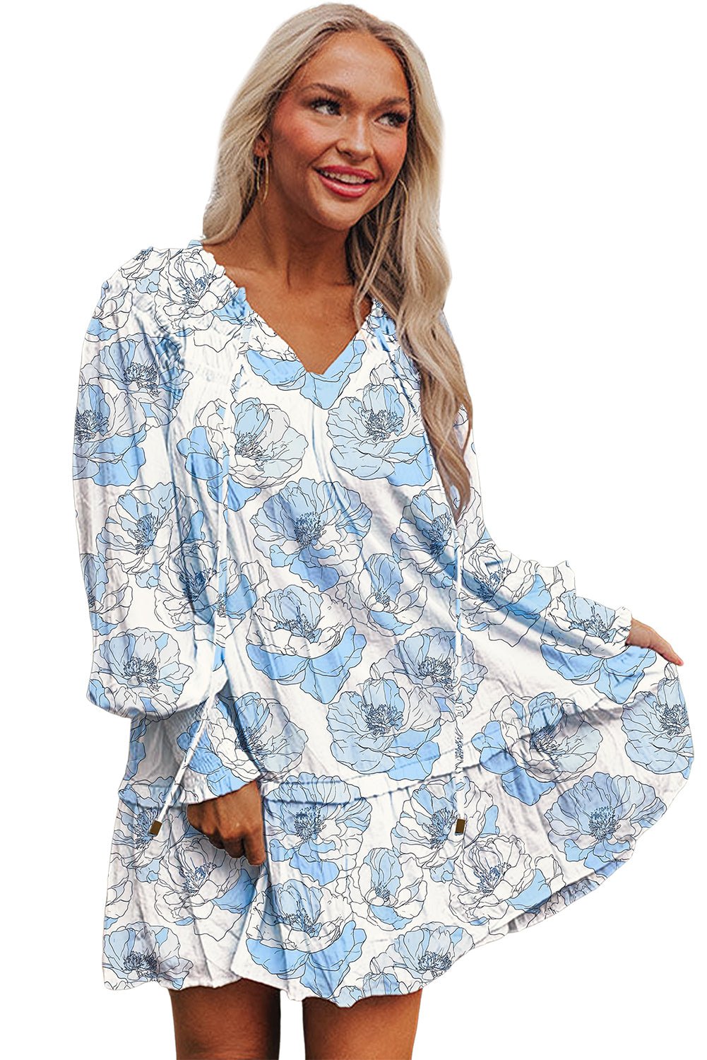 Sky Blue Floral Print Tie Neck Long Sleeve Flowy Mini Dress - MAD RUFFI