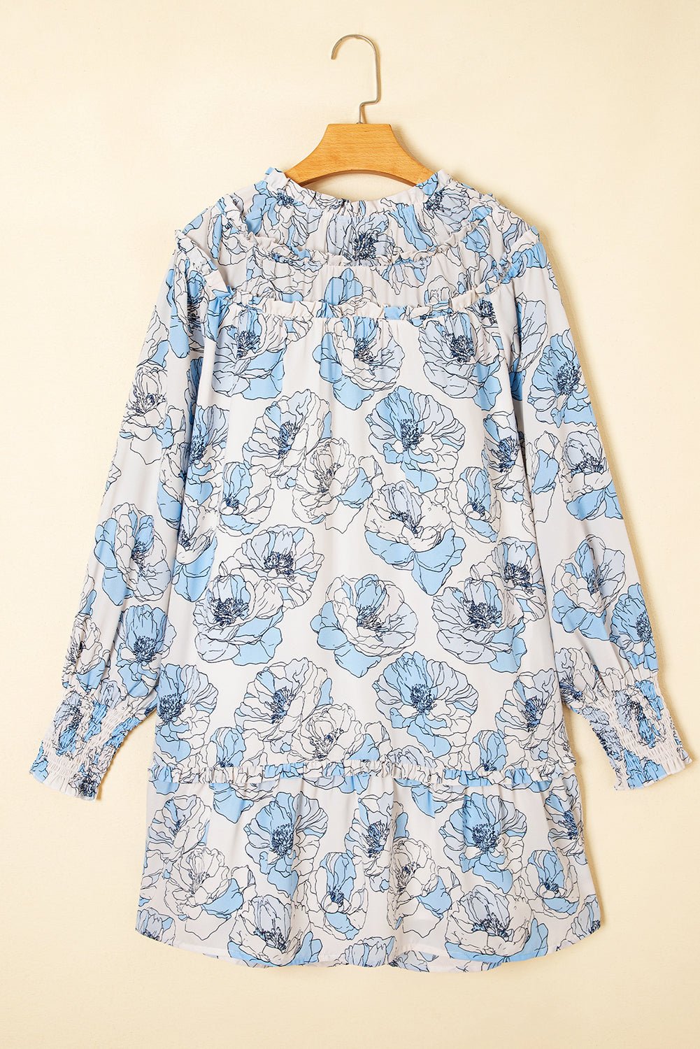 Sky Blue Floral Print Tie Neck Long Sleeve Flowy Mini Dress - MAD RUFFI