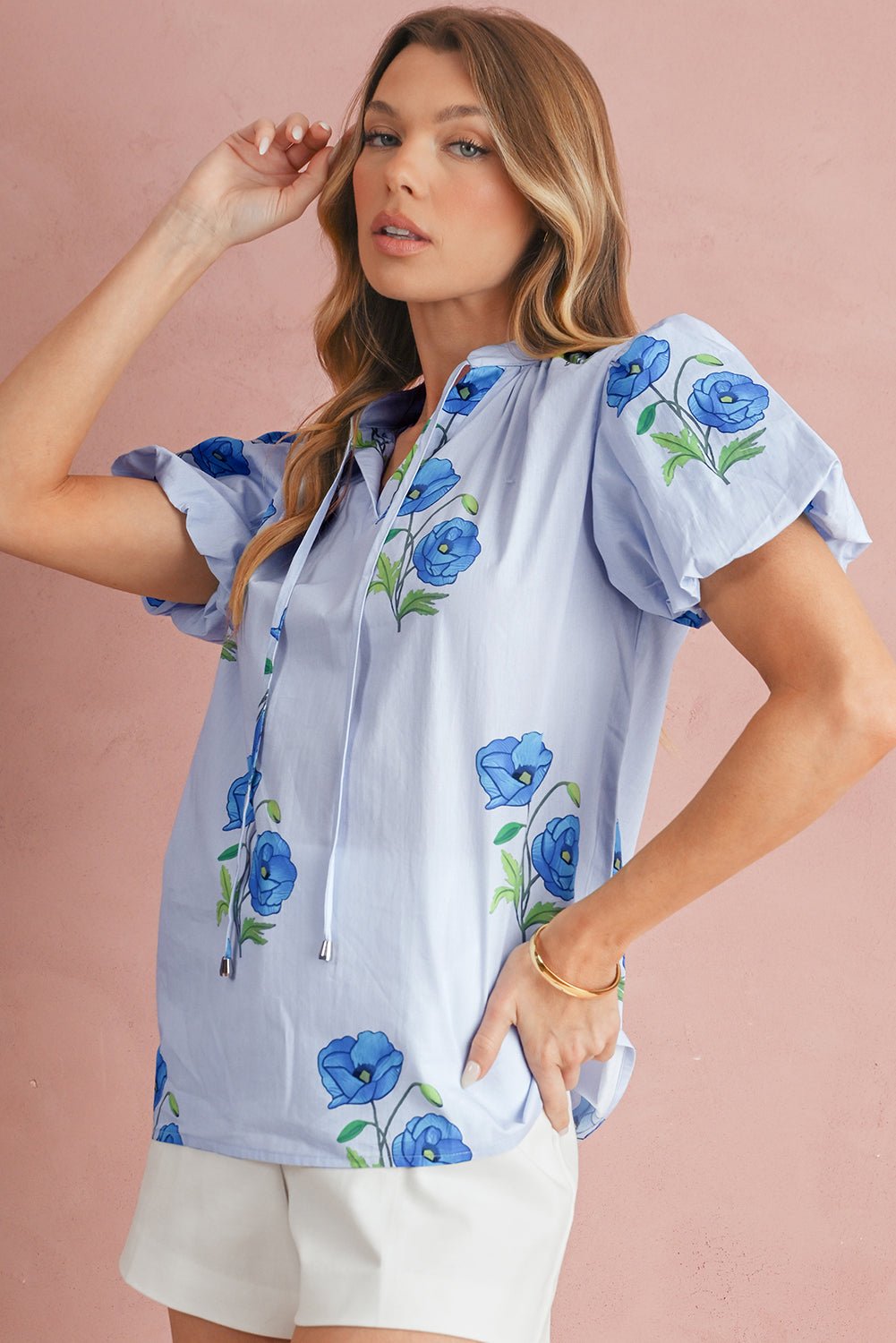 Sky Blue Floral Print Tie V - Neck Short Sleeve Blouse - MAD RUFFI