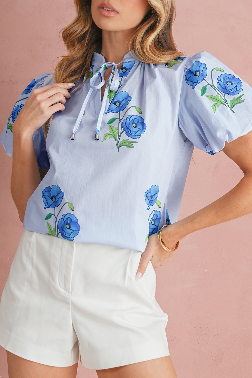Sky Blue Floral Print Tie V - Neck Short Sleeve Blouse - MAD RUFFI