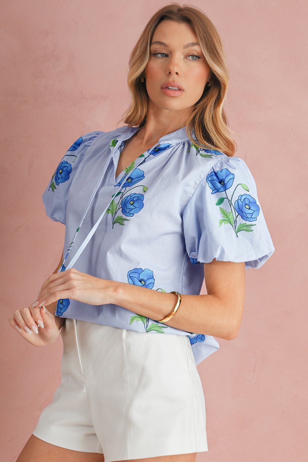 Sky Blue Floral Print Tie V - Neck Short Sleeve Blouse - MAD RUFFI