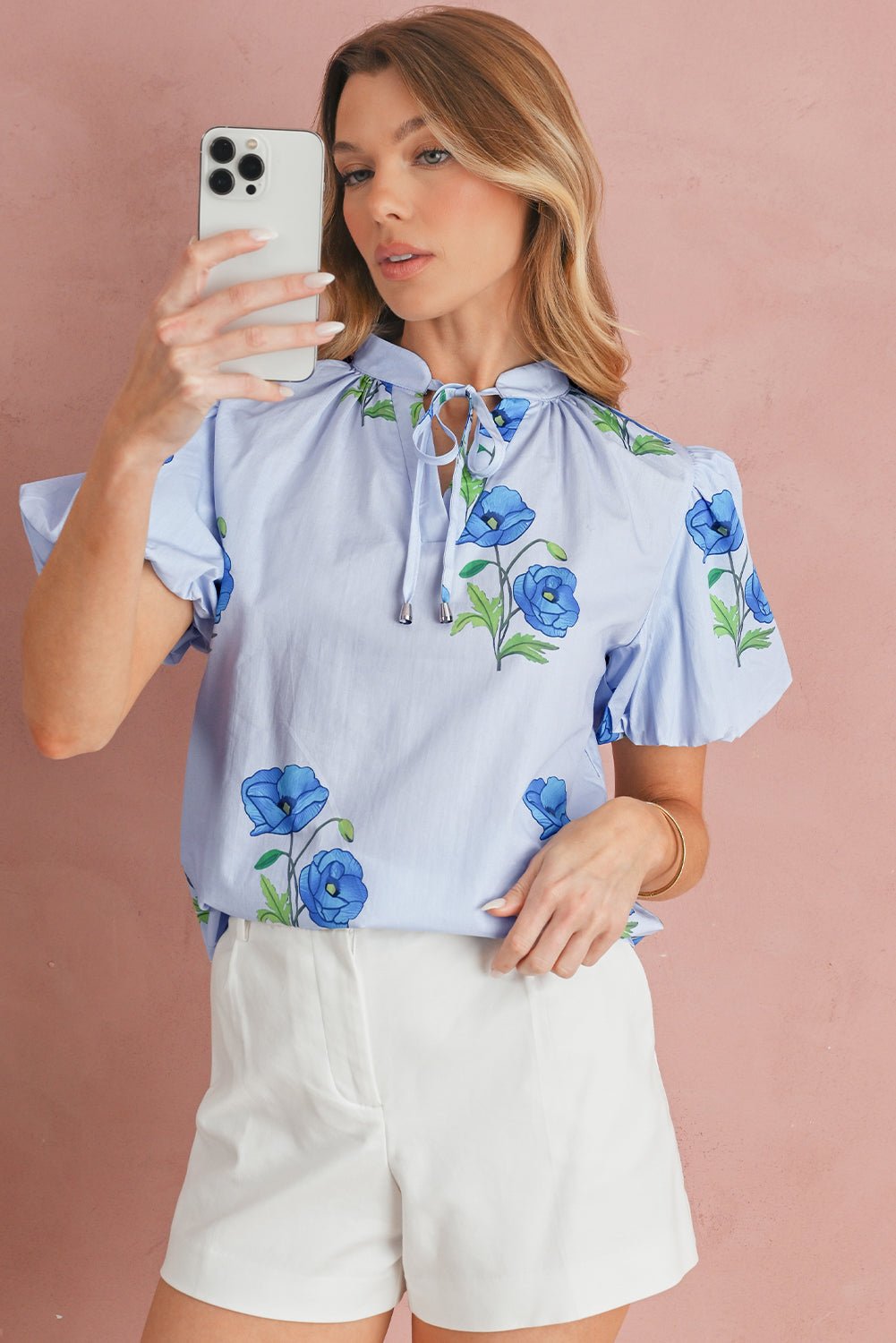 Sky Blue Floral Print Tie V - Neck Short Sleeve Blouse - MAD RUFFI
