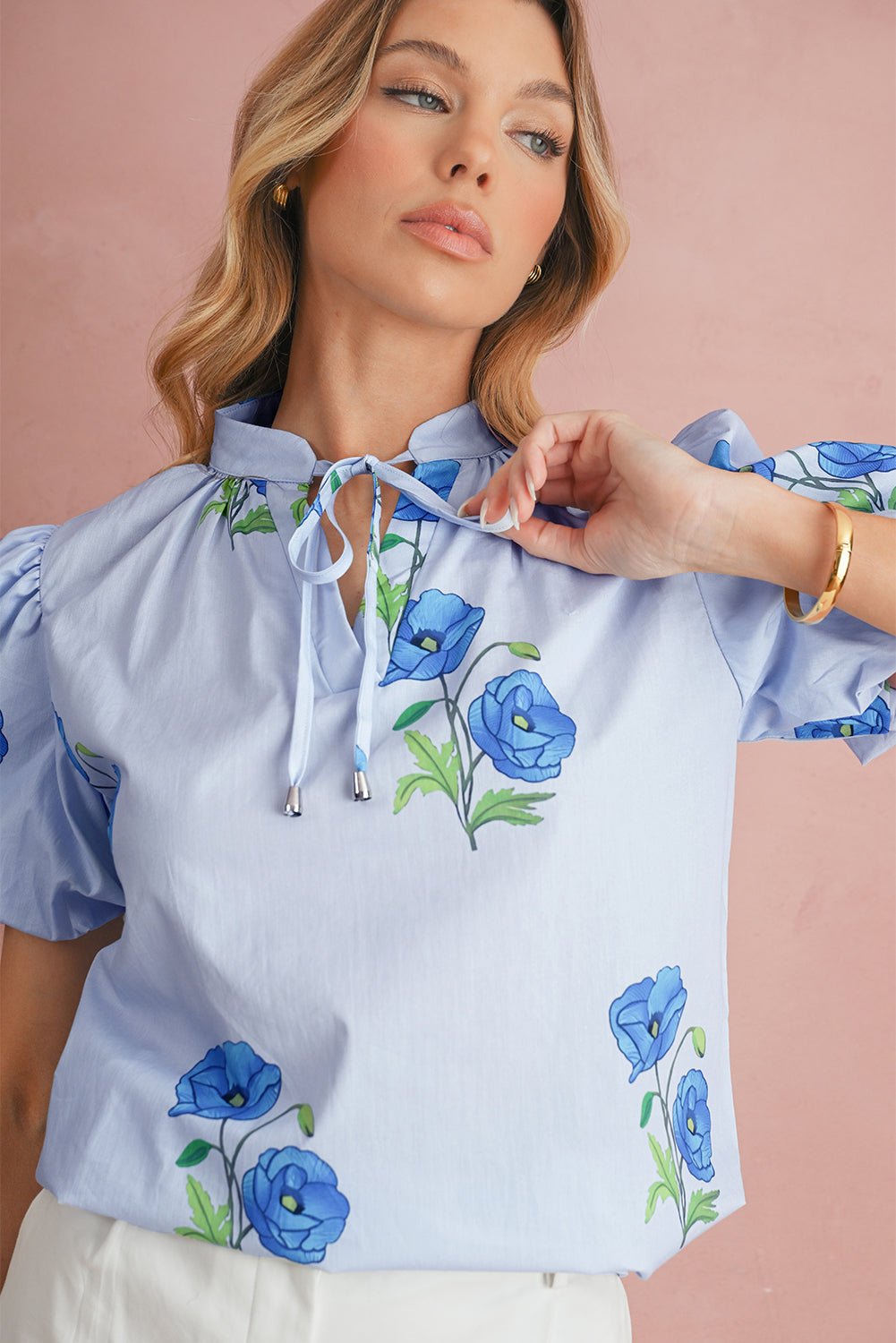 Sky Blue Floral Print Tie V - Neck Short Sleeve Blouse - MAD RUFFI