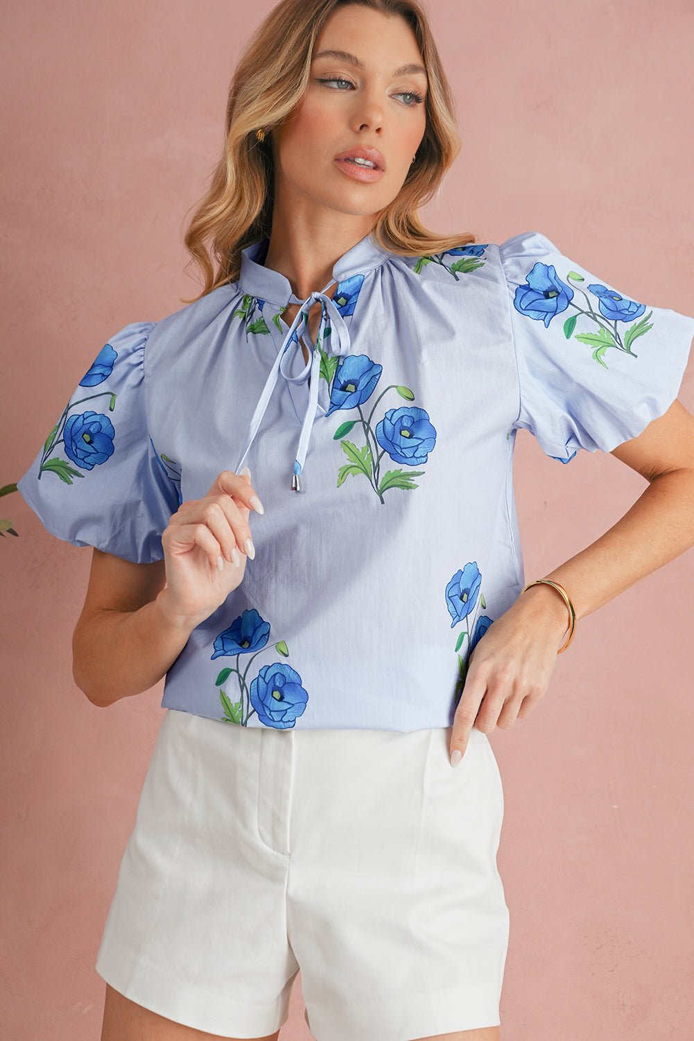Sky Blue Floral Print Tie V - Neck Short Sleeve Blouse - MAD RUFFI