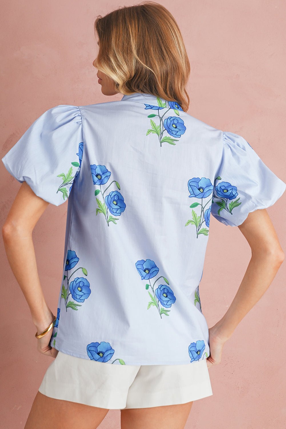 Sky Blue Floral Print Tie V - Neck Short Sleeve Blouse - MAD RUFFI