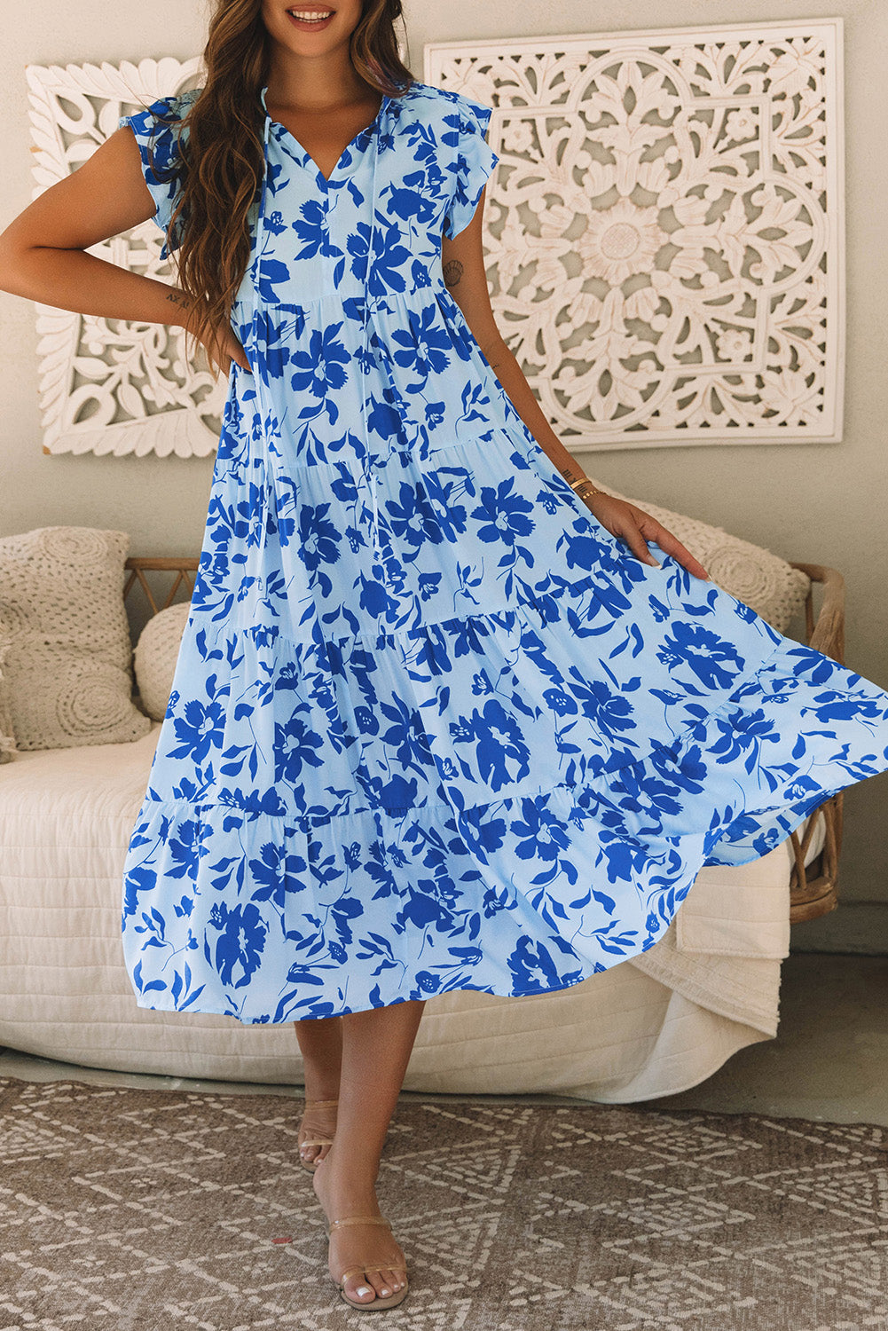 Sky Blue Floral Print Tiered Flutter Sleeve Maxi Dress - Maxi Dresses