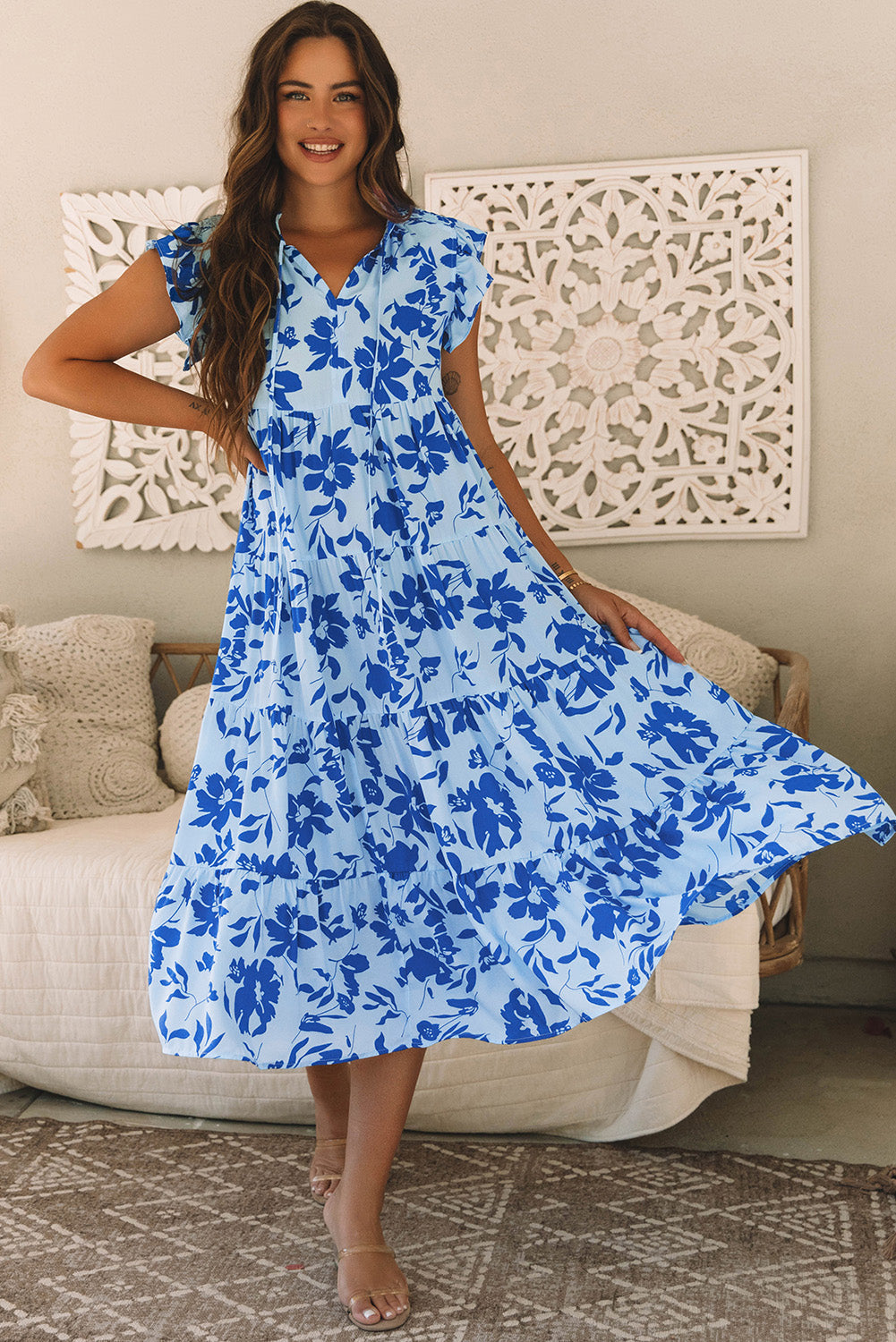 Sky Blue Floral Print Tiered Flutter Sleeve Maxi Dress - Maxi Dresses