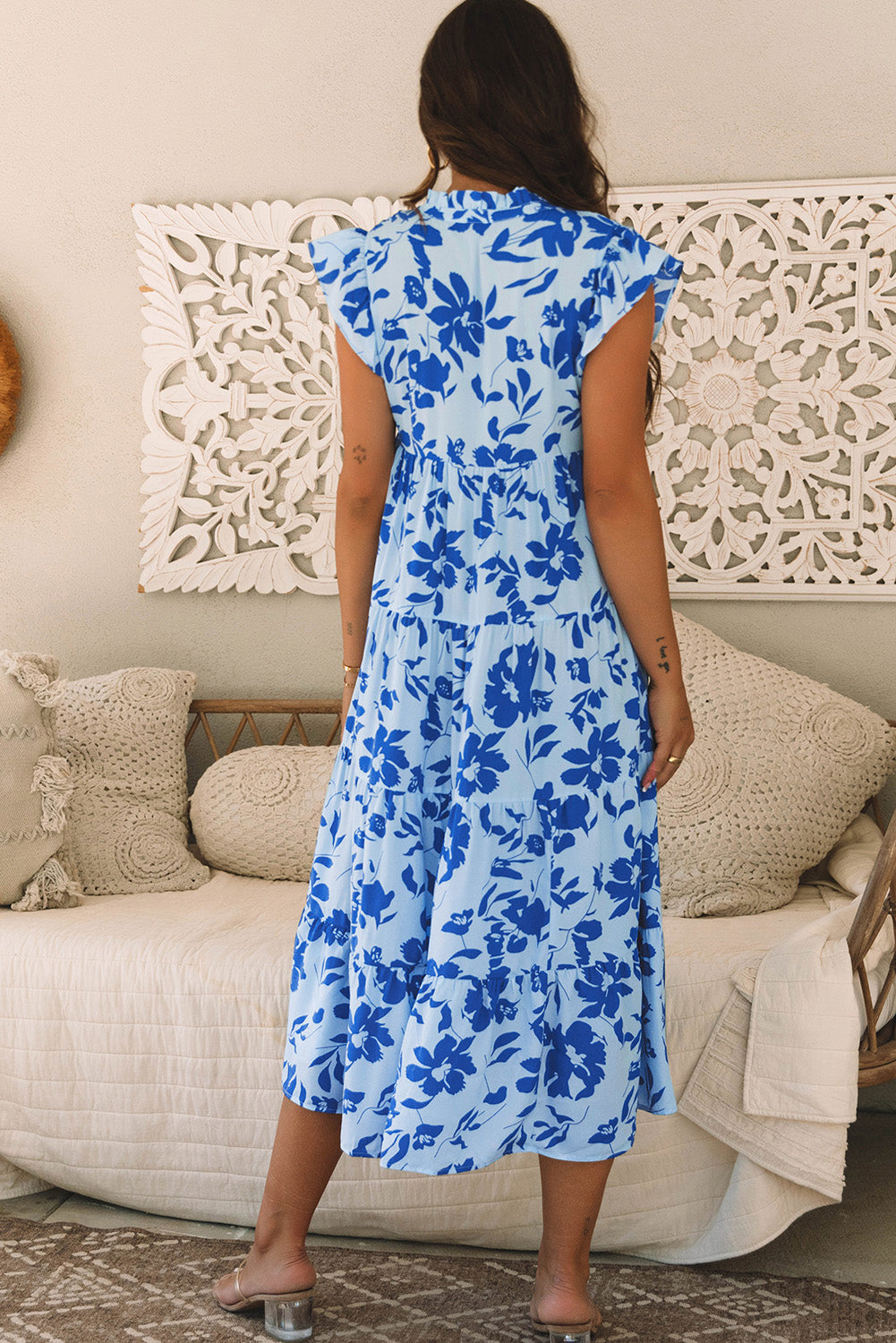 Sky Blue Floral Print Tiered Flutter Sleeve Maxi Dress - Maxi Dresses