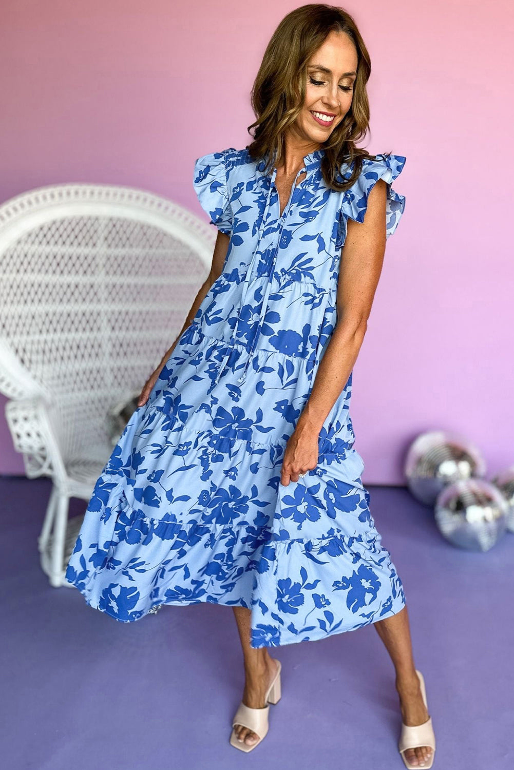 Sky Blue Floral Print Tiered Flutter Sleeve Maxi Dress - Maxi Dresses