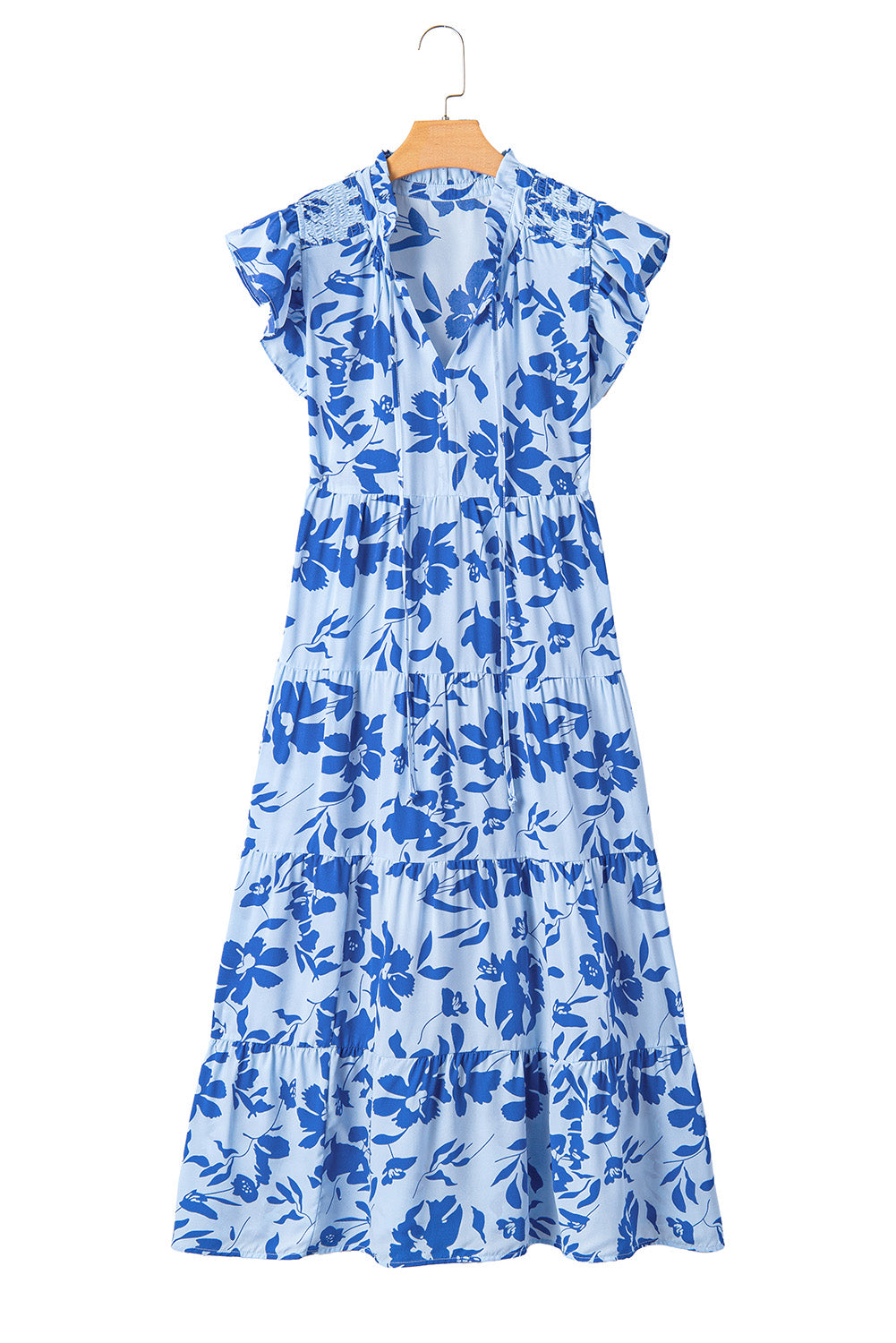 Sky Blue Floral Print Tiered Flutter Sleeve Maxi Dress - Maxi Dresses