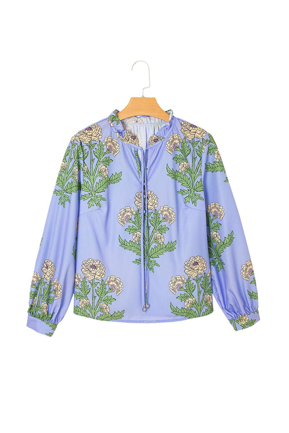 Sky Blue Floral Print V Neck Bubble Sleeve Blouse - MAD RUFFI
