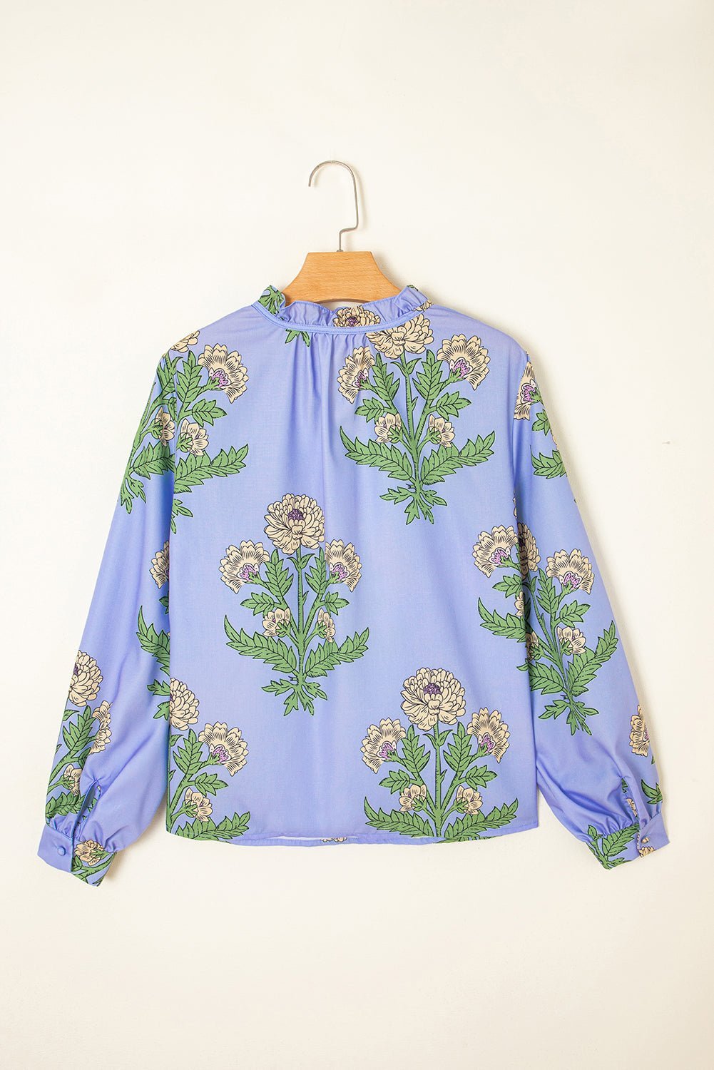 Sky Blue Floral Print V Neck Bubble Sleeve Blouse - MAD RUFFI
