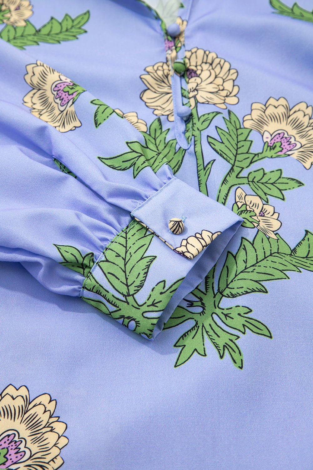 Sky Blue Floral Print V Neck Bubble Sleeve Blouse - MAD RUFFI