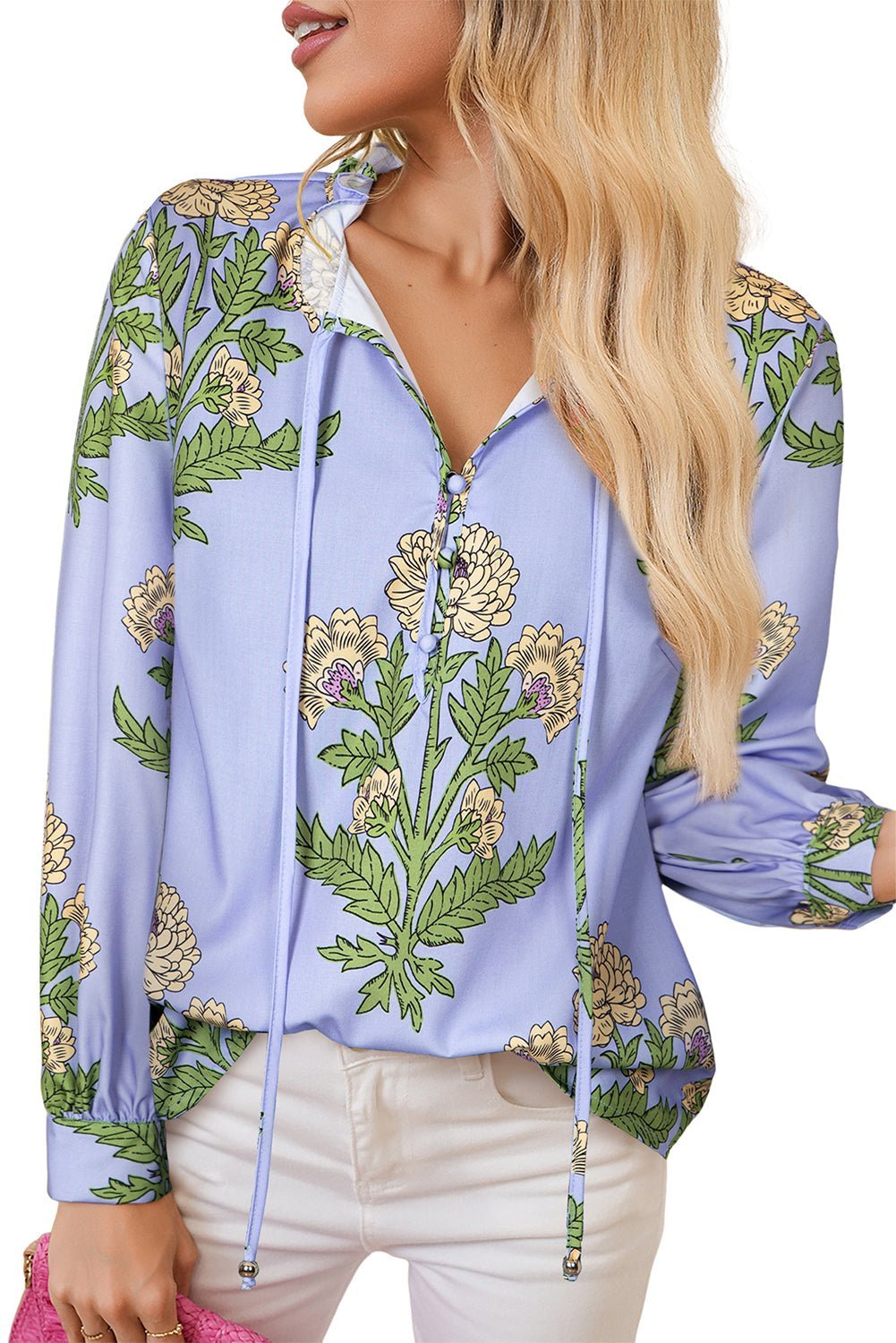 Sky Blue Floral Print V Neck Bubble Sleeve Blouse - MAD RUFFI