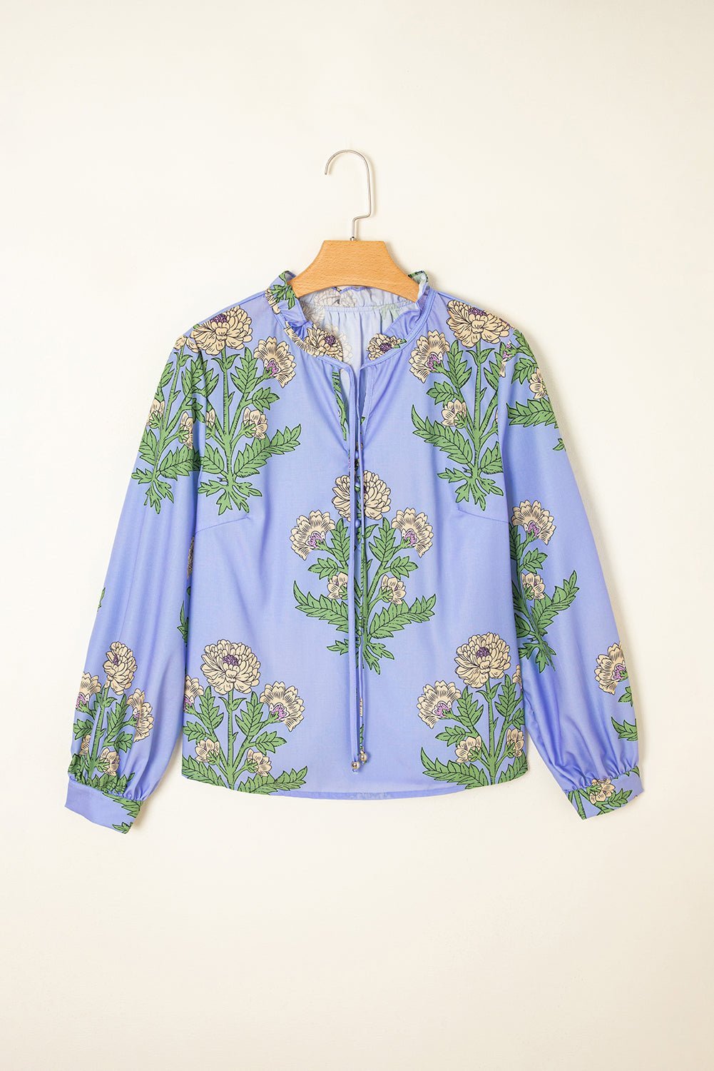 Sky Blue Floral Print V Neck Bubble Sleeve Blouse - MAD RUFFI